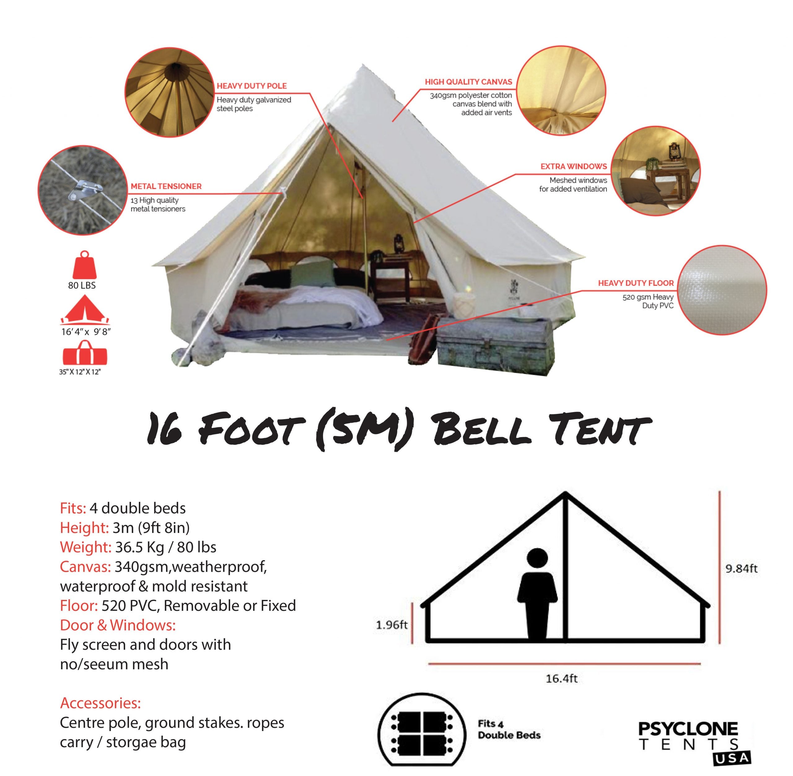 Psyclone Canvas Bell Tent 16' (5 Meter)