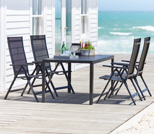 MADERUP L150 table black + 4 LOMMA recliner chair black
