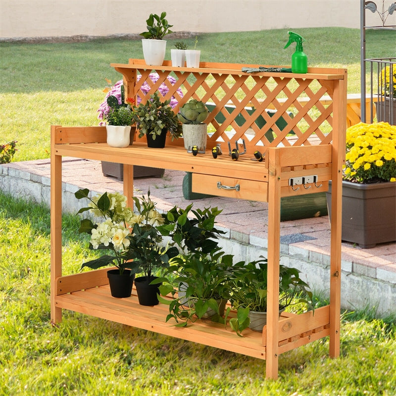 Outdoor Garden Wood Potting Bench Workstation Bench with Storage & Hook