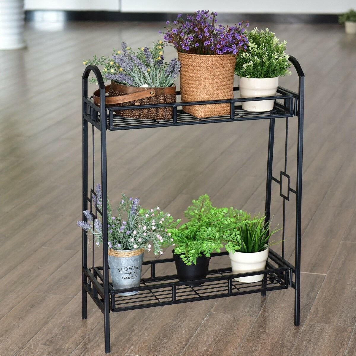 2 Tier Outdoor Metal Plant Stand Flower Pot Holder Freestanding Display Shelf Rack