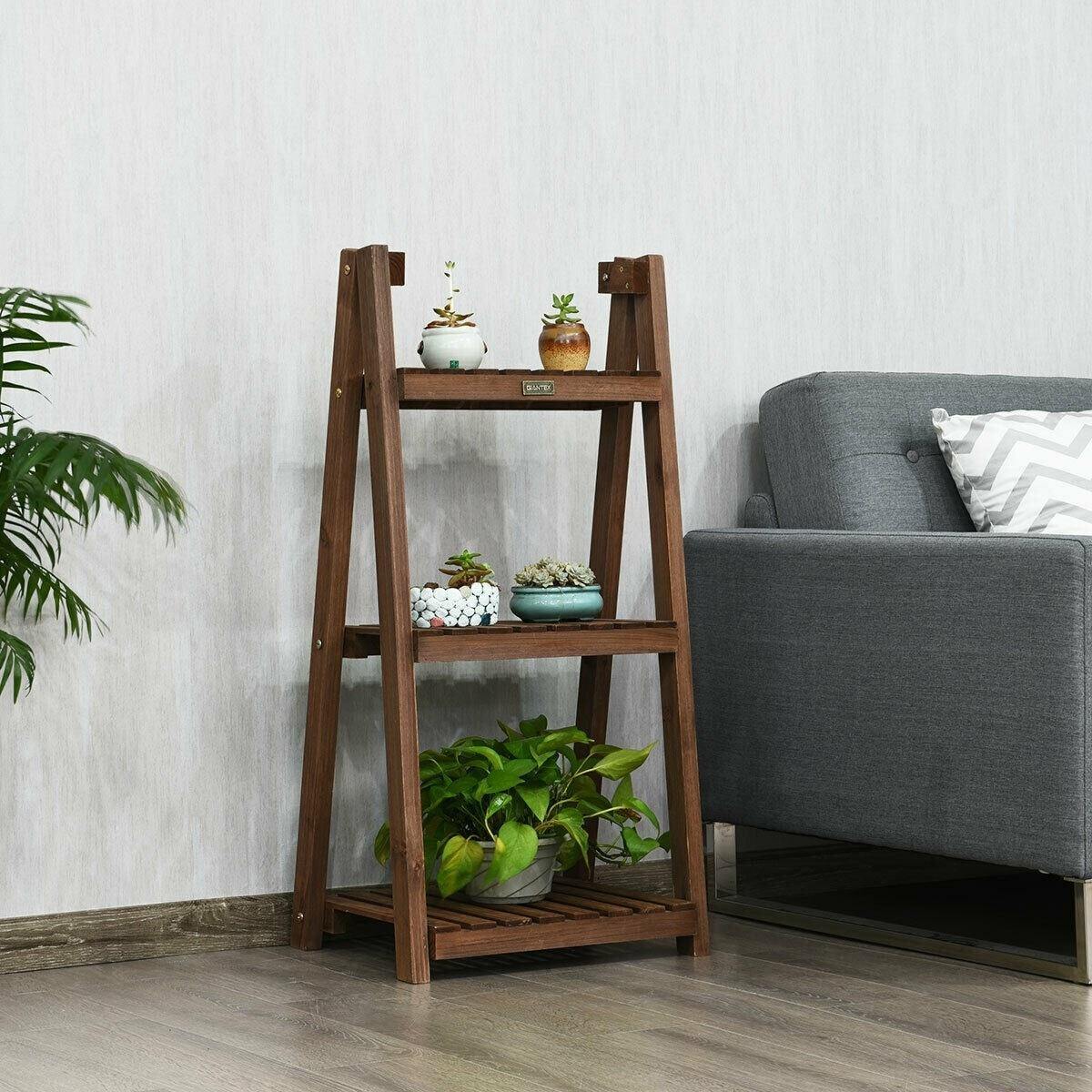 3-Tier Folding Wood Flower Stand Plant Rack Storage Display Shelf