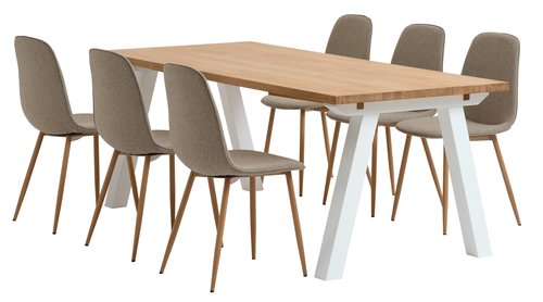 SKAGEN L200 table white/oak + 4 BISTRUP chairs sand