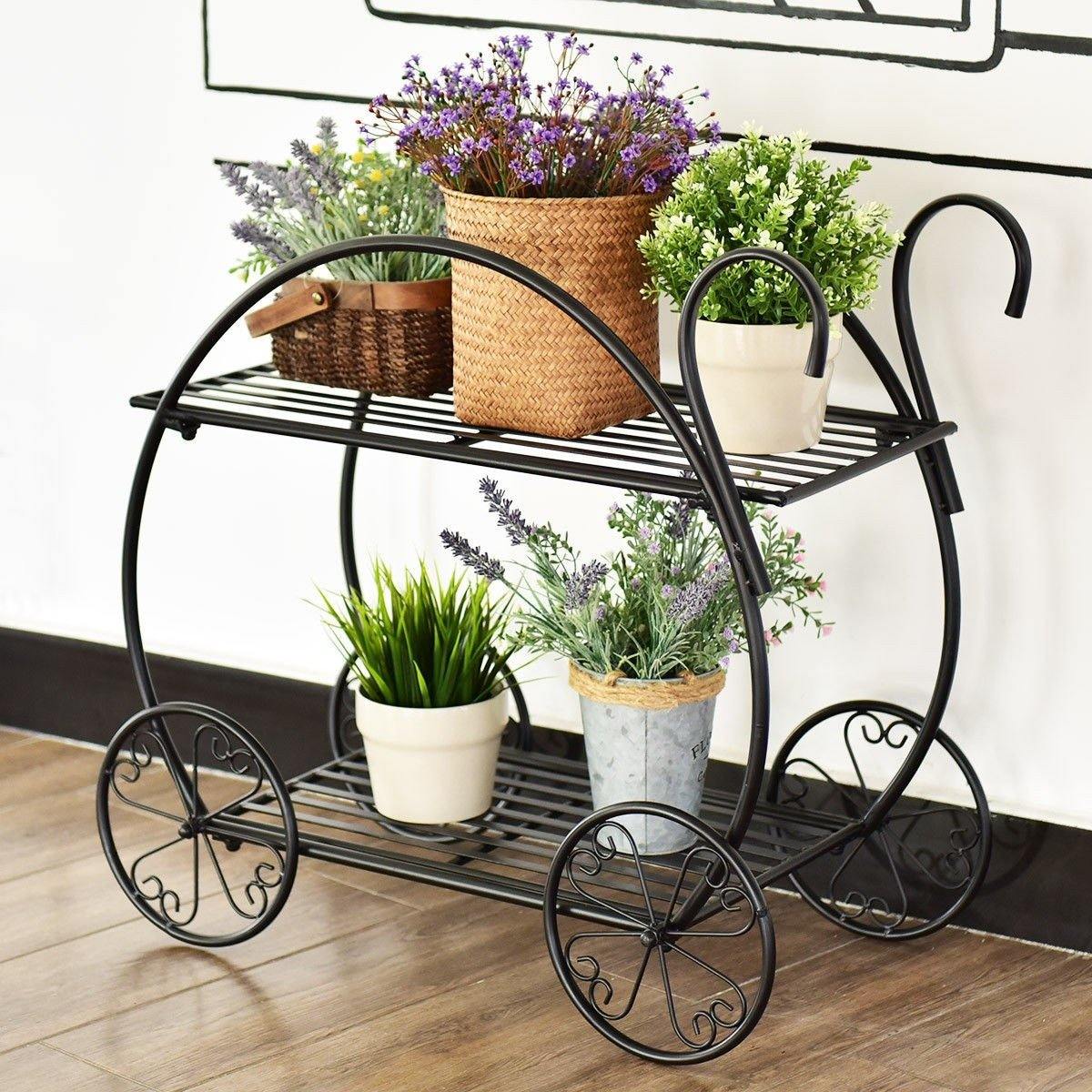 2-Tier Parisian Style Metal Garden Plant Stand with 4 Decorative Wheels