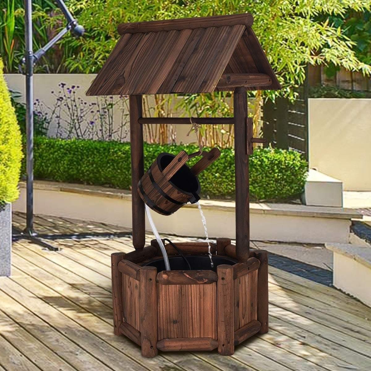Garden Rustic Wishing Well Water Fountain Wooden Decoration Backyard with Electric Pump