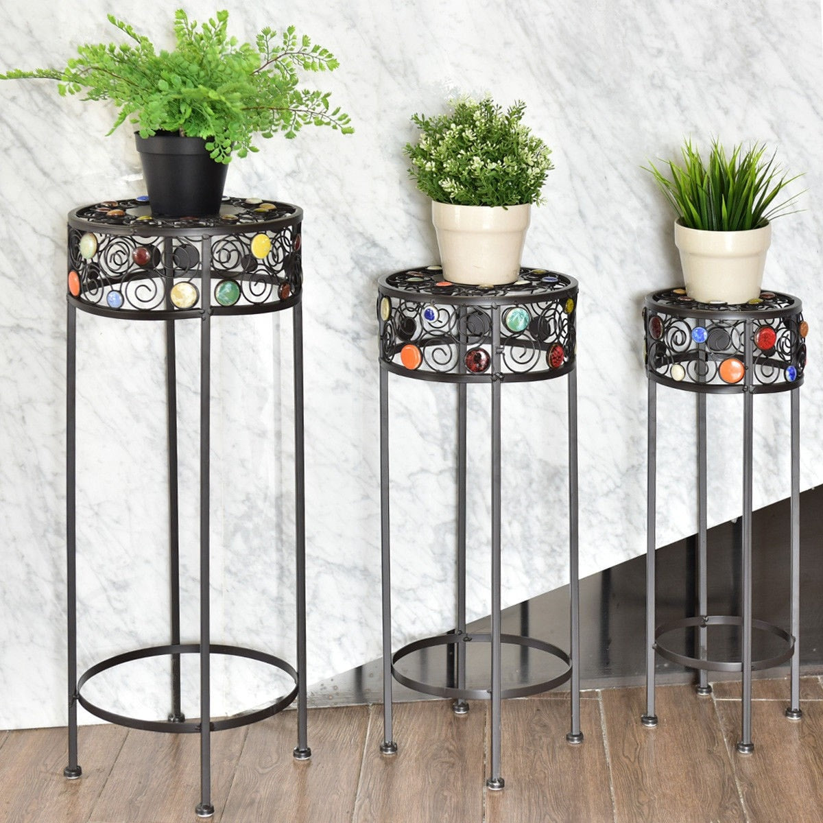 3 Pcs Round Metal Plant Stand Ceramic Beads Flower Display Rack