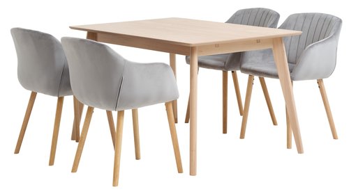 KALBY L130/220 table oak + 4 ADSLEV chairs grey velvet