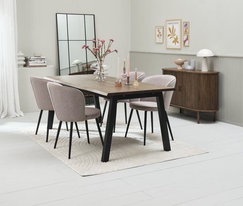 SKOVLUNDE L200 table dark oak + 4 RISSKOV light grey