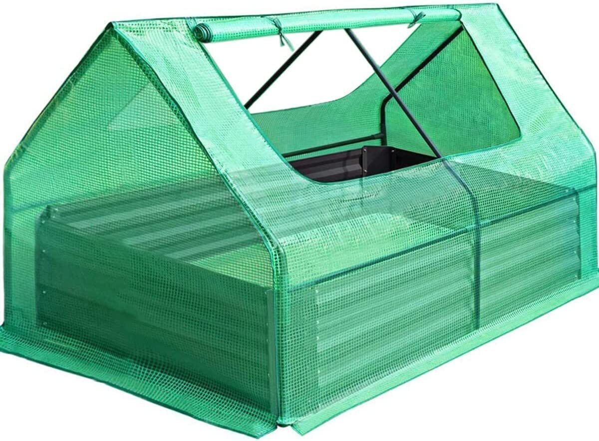 6x3x1ft Galvanized Raised Garden Bed with Cover Metal Planter Box Kit, w/ 2 Large Screen Windows Mini Greenhouse 20pcs T Tags 1 Pair of Gloves Included Outdoor Growing Vegetables