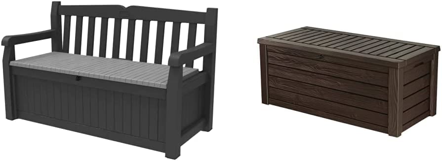 Keter Solana 70 Gallon Storage Bench Deck Box for Patio Furniture, Front Porch Decor and Outdoor Seating ¨C Perfect to Store Garden Tools and Pool Toys,Brown/Brown