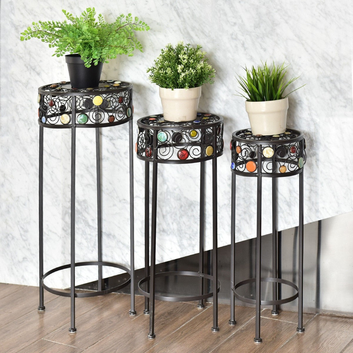 3 Pcs Round Metal Plant Stand Ceramic Beads Flower Display Rack