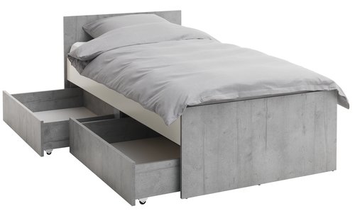 Bed w/storage BILLUND Single 90×200 white/concrete