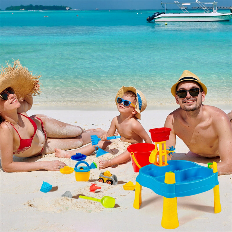 Kids Sand & Water Table Playset with Umbrella and 18 Pcs Accessories