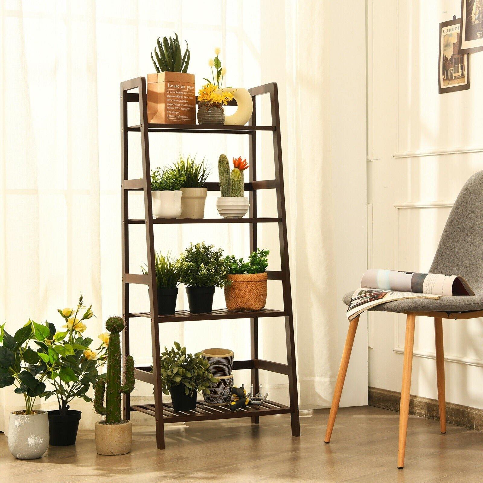 4 Tier Multifunctional Bamboo Ladder Shelf Plant Display Rack