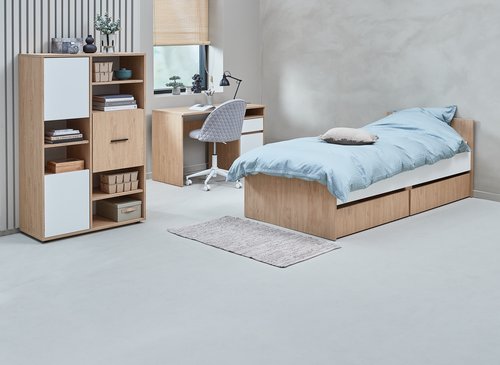 Bed w/storage BILLUND SGL white/oak
