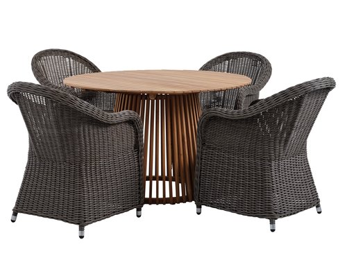 UDBYNEDER D120 table teak + 4 GAMMELBY chair grey
