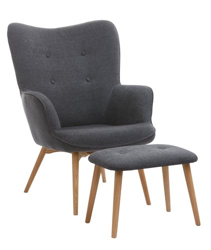 Armchair/footstool SKALBORG dark grey fabric/oak