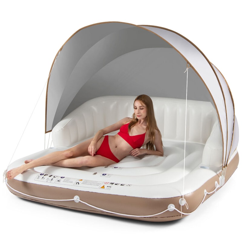 Inflatable Canopy Island Pool Float Lounge with UPF 50+ Detachable & Retractable Sunshade Canopy