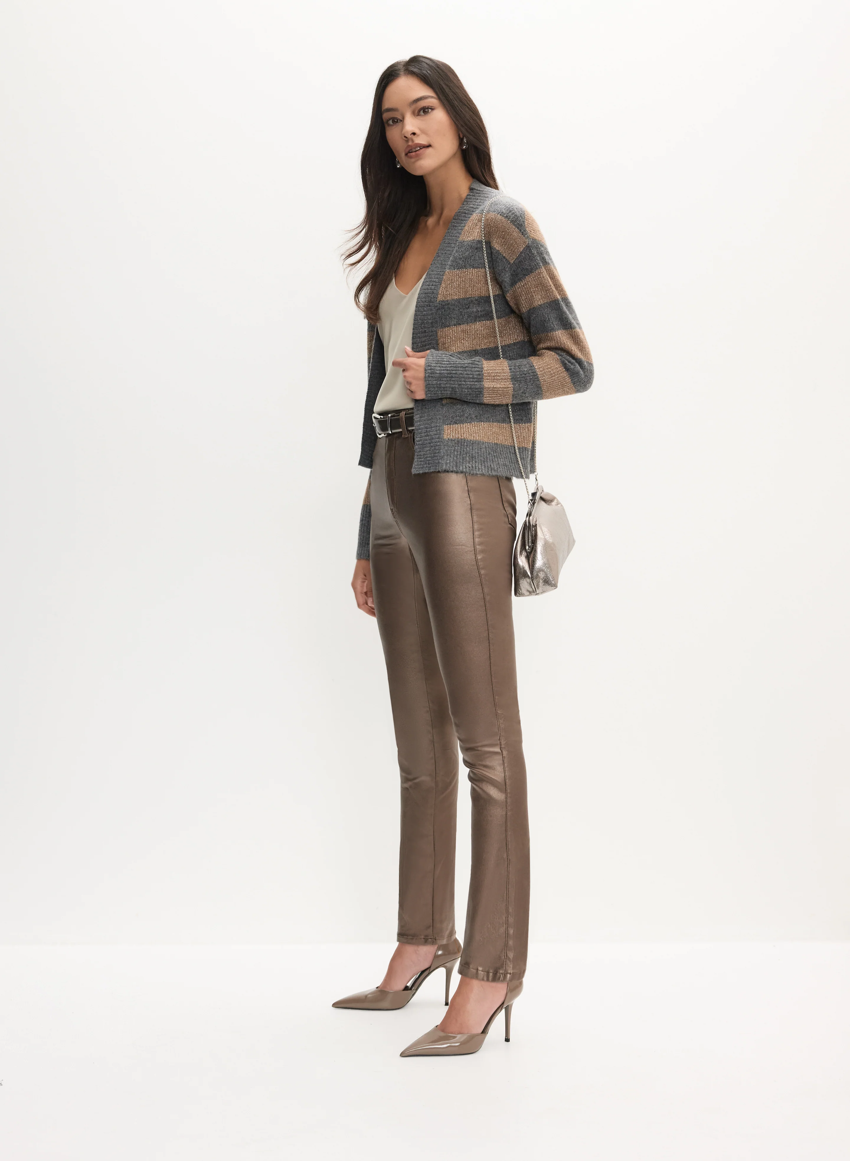 Coated Metallic Slim-Leg Pants