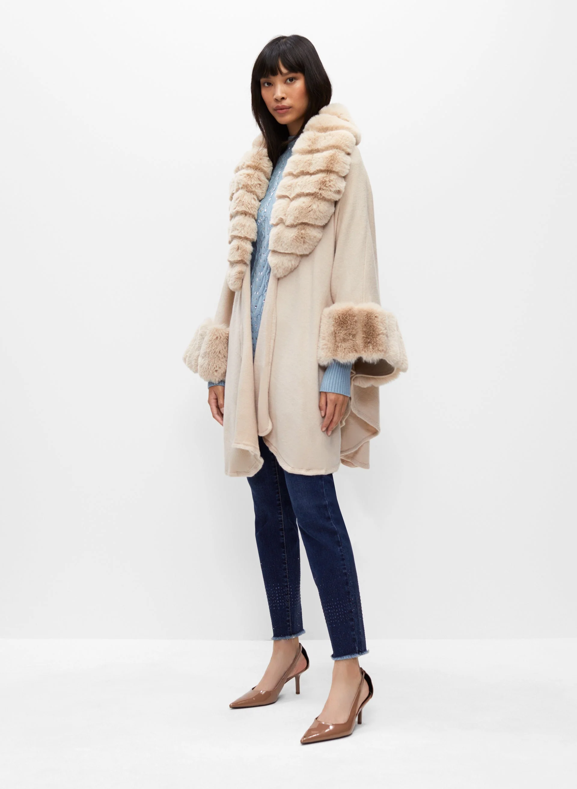 Faux Fur Trim Poncho