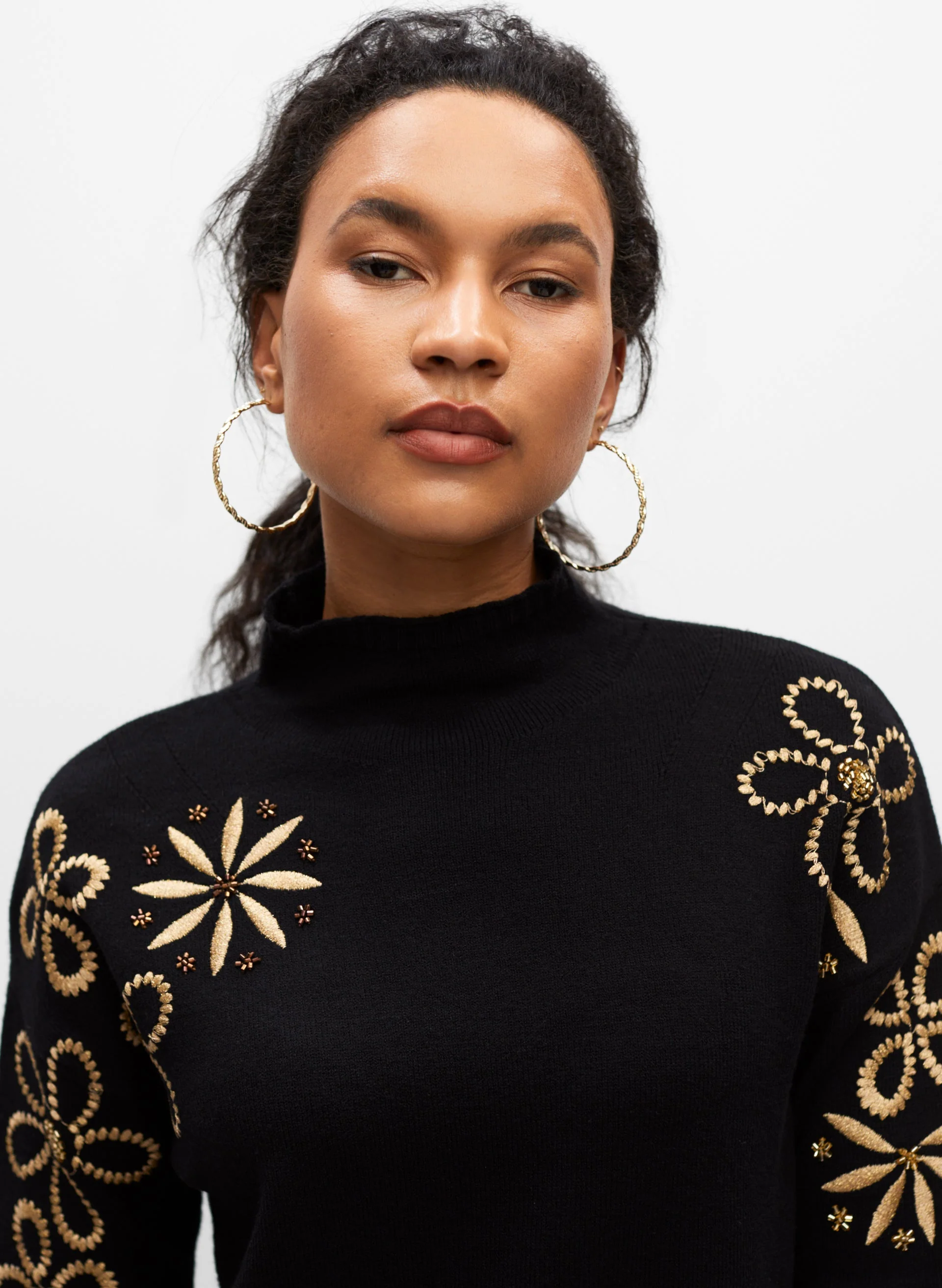 Embroidered Funnel Neck Tunic Sweater