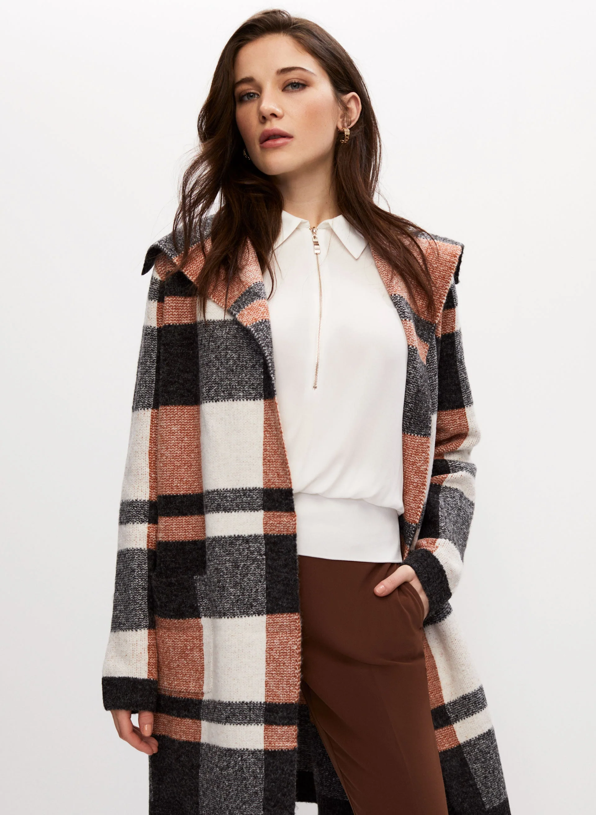 Angora Blend Plaid Motif Cardigan