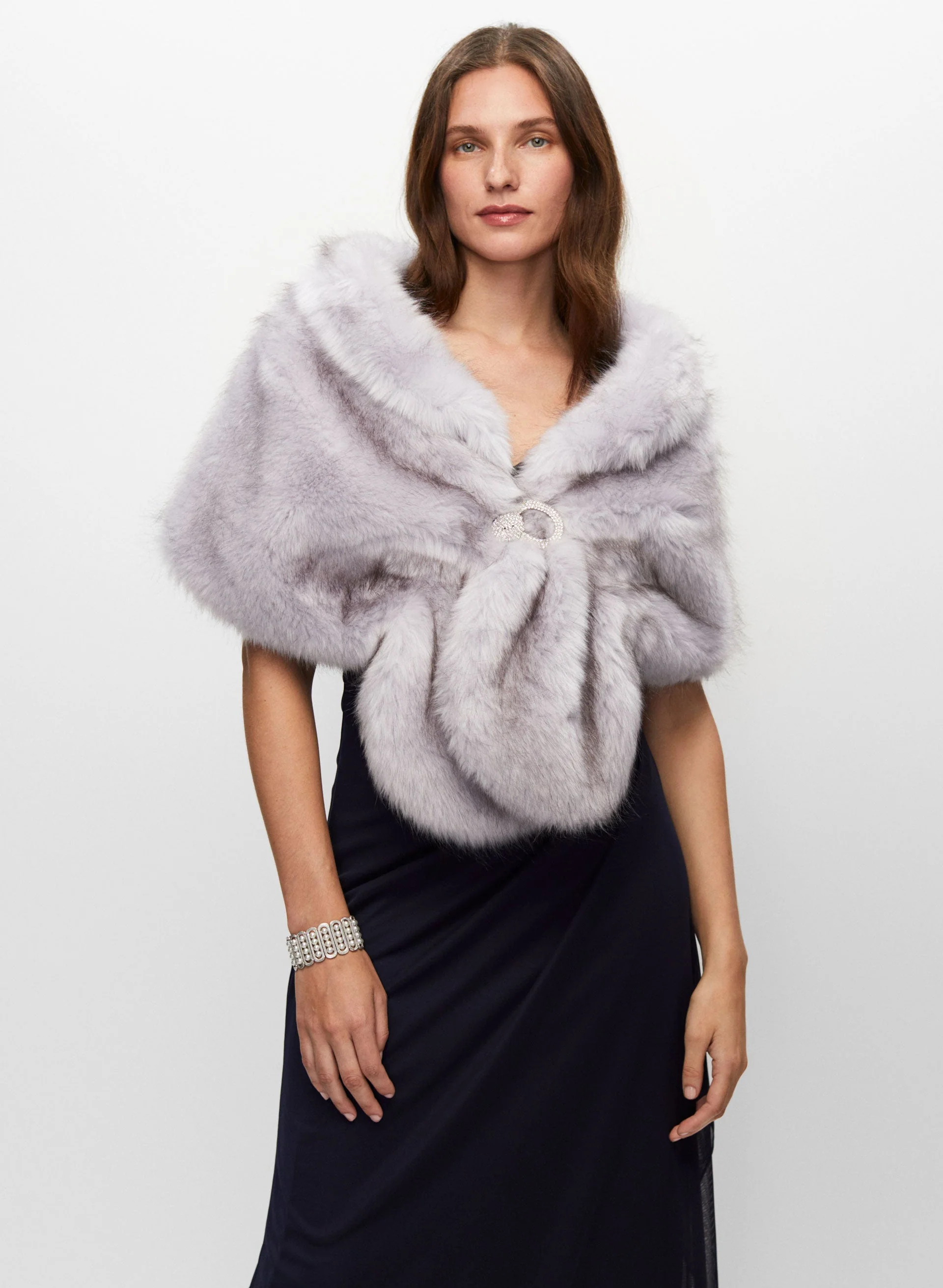 Rhinestone Clip Faux Fur Stole