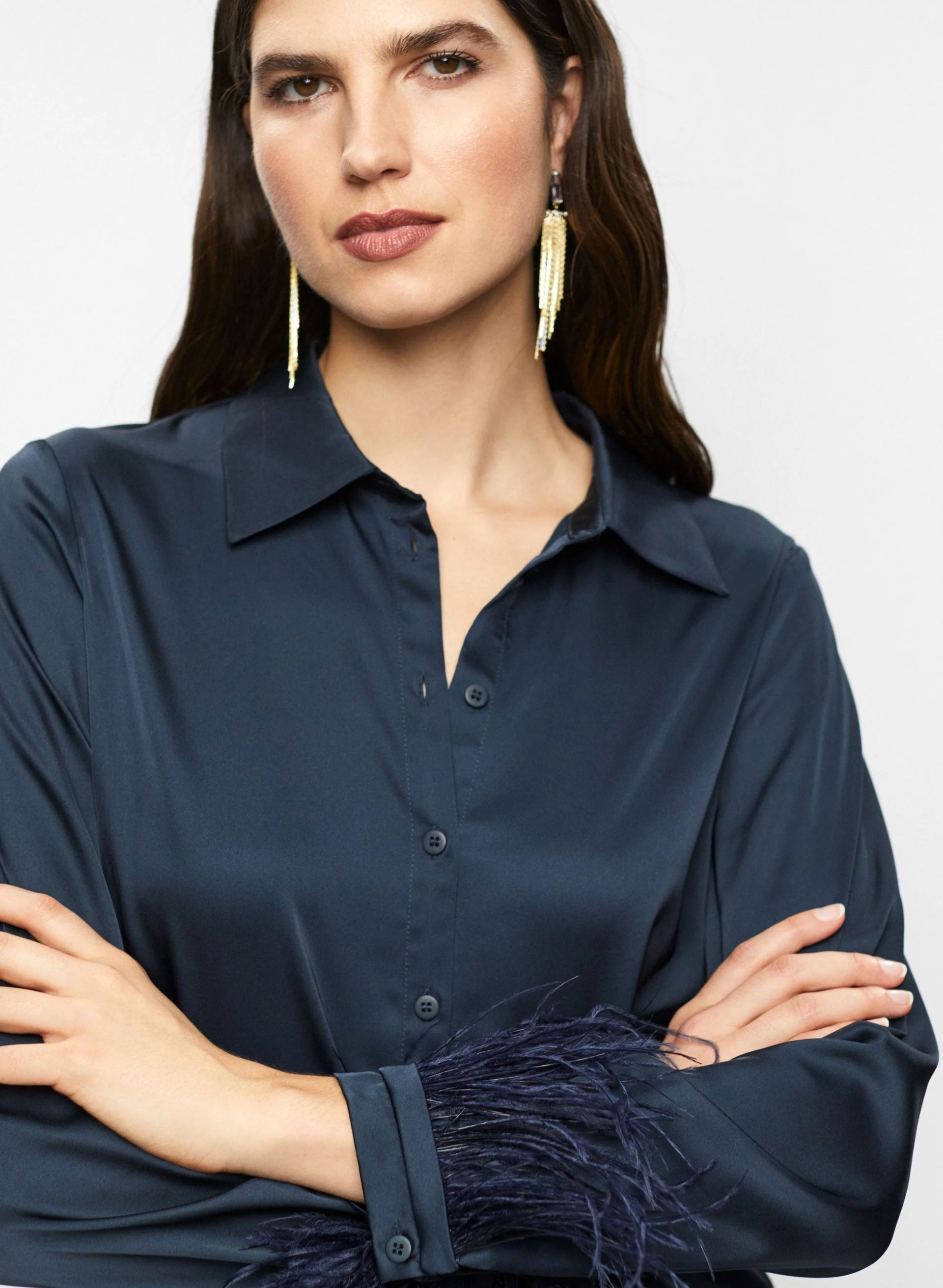 Feather Cuff Satin Blouse