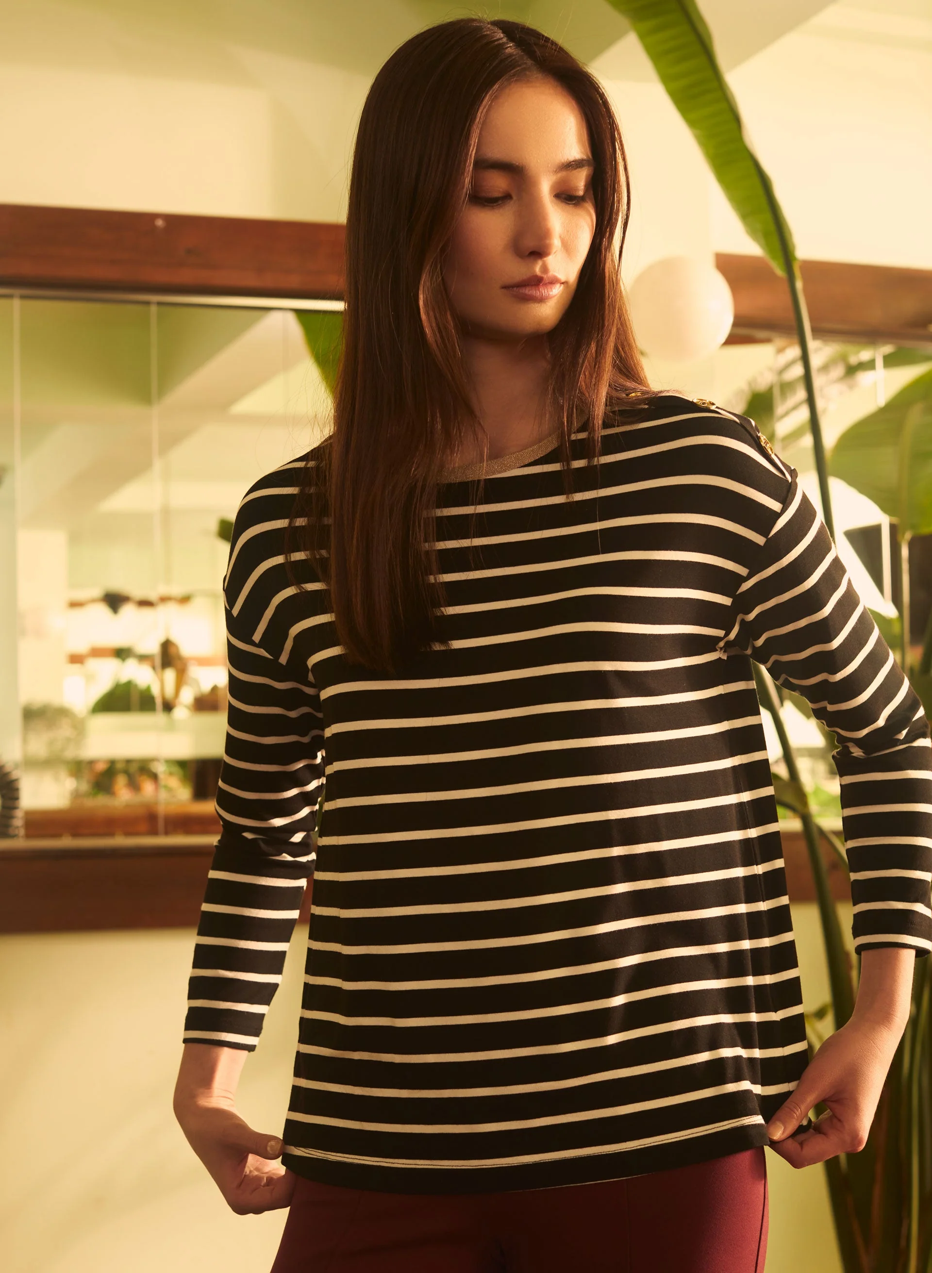 Stripe Print 3/4 Sleeve Tee