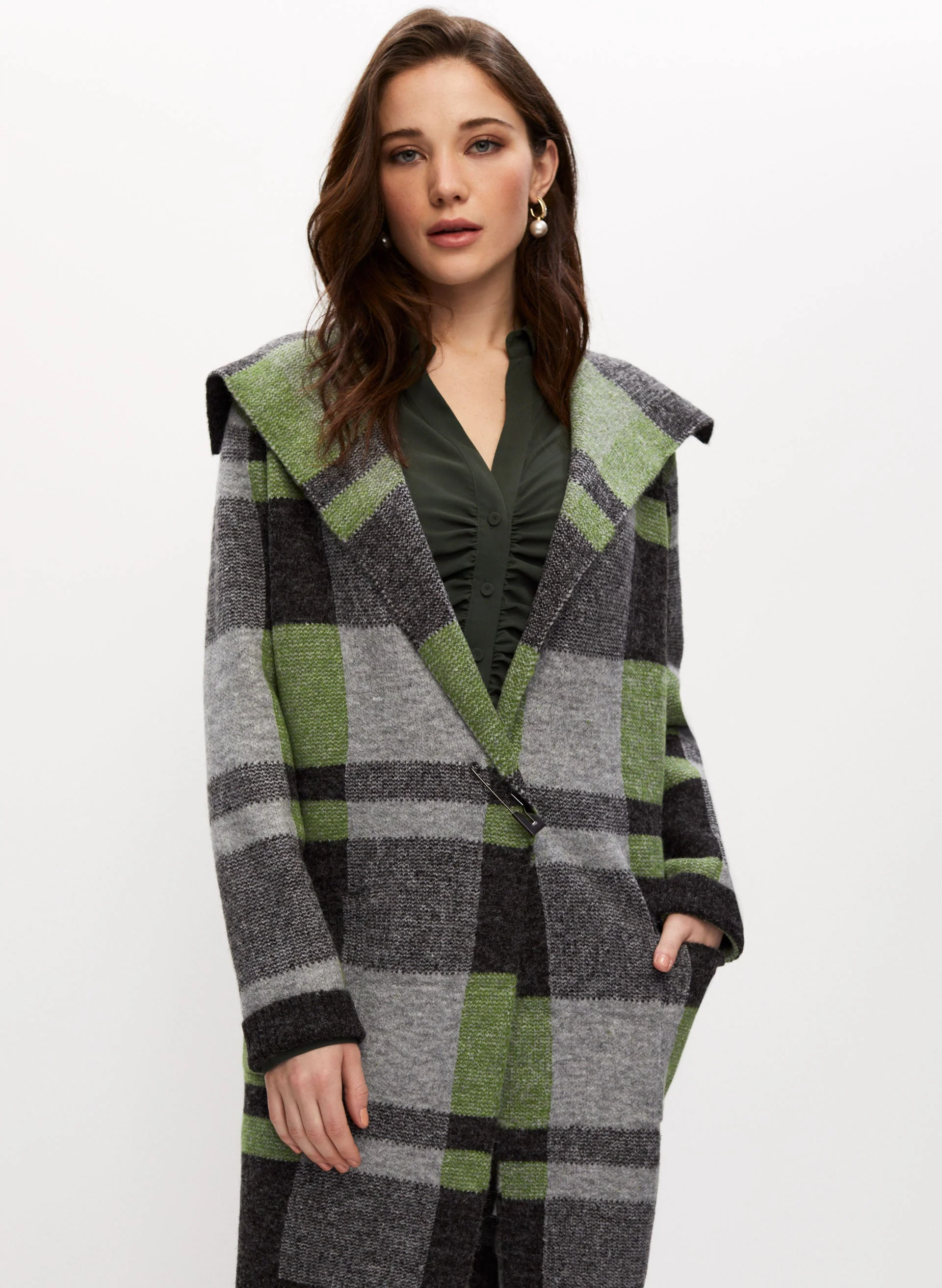 Angora Blend Plaid Motif Cardigan