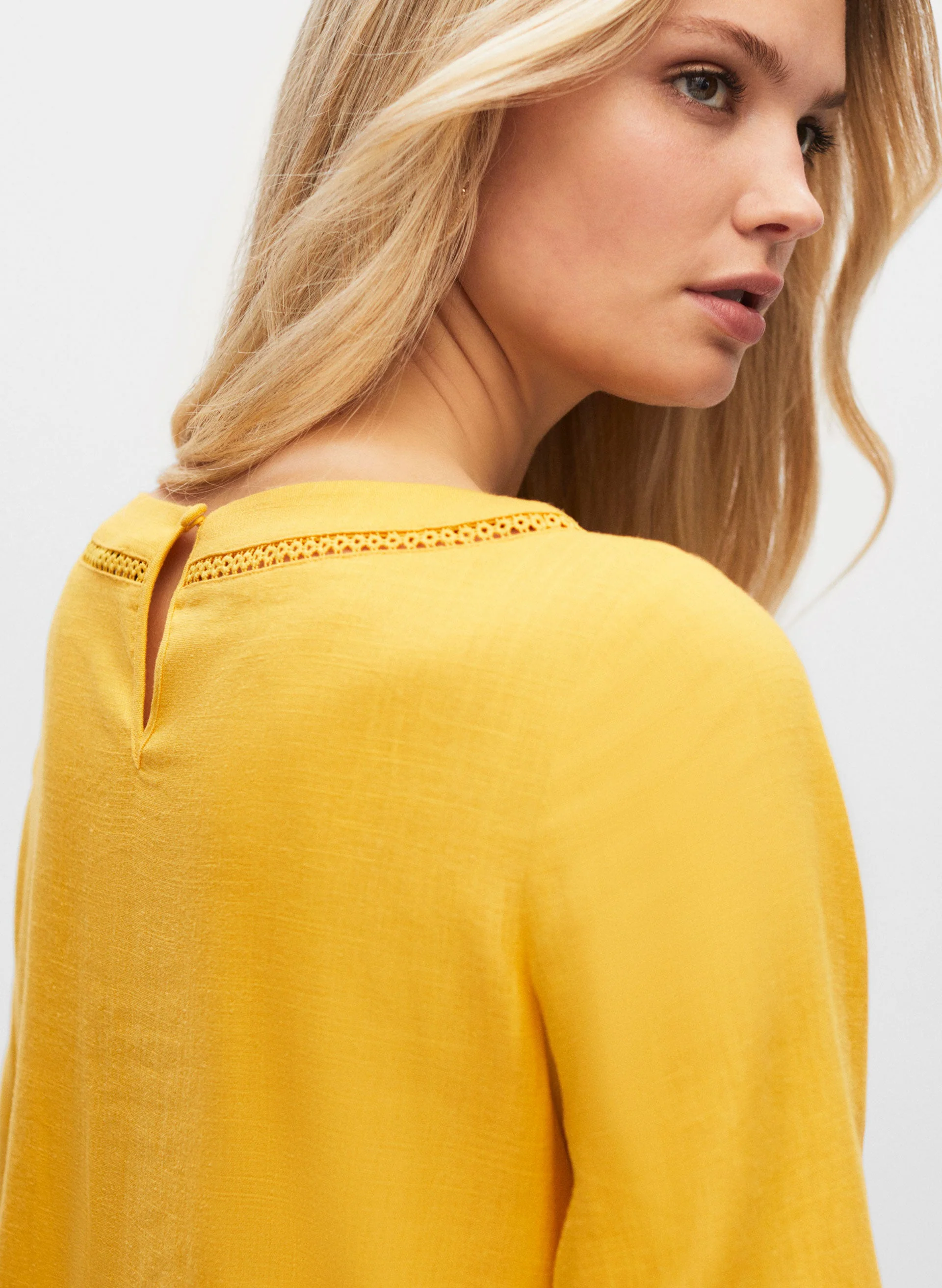 Linen Blend Eyelet Trim Blouse