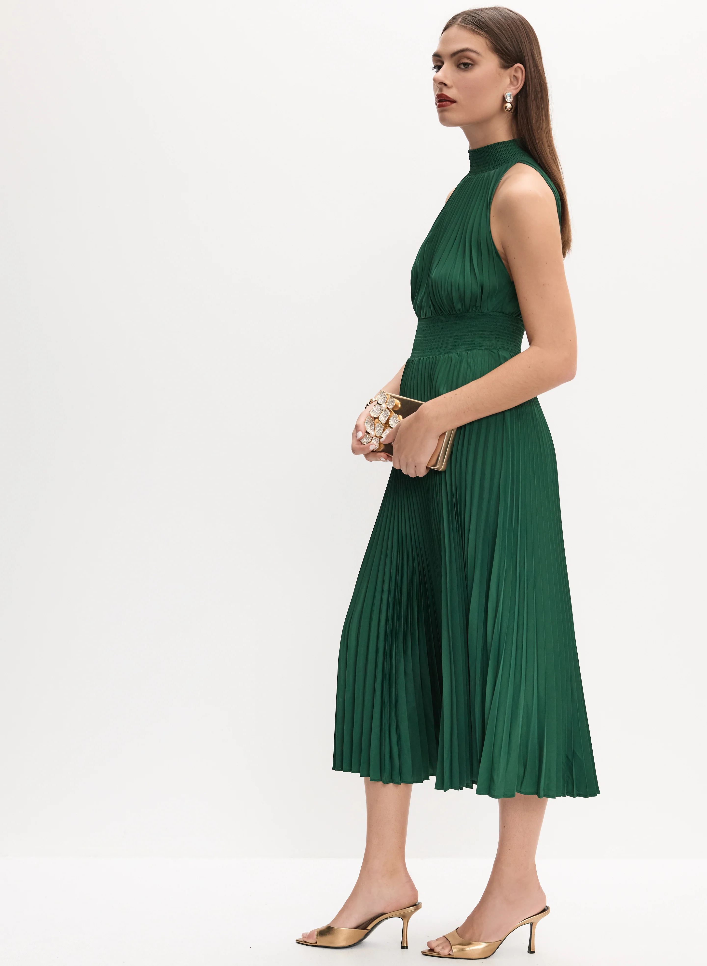 High Neck Satin Plissé Dress