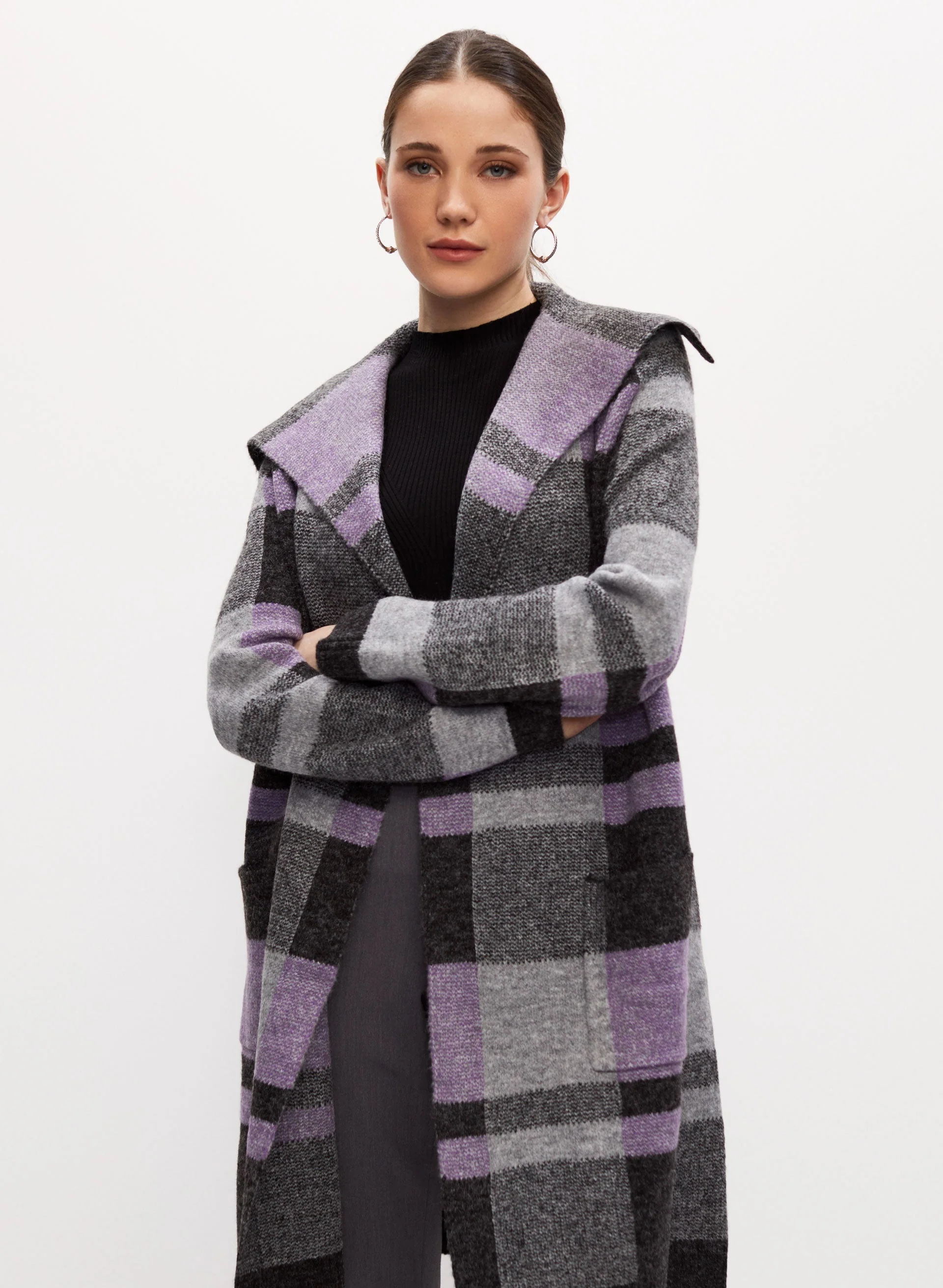 Angora Blend Plaid Motif Cardigan