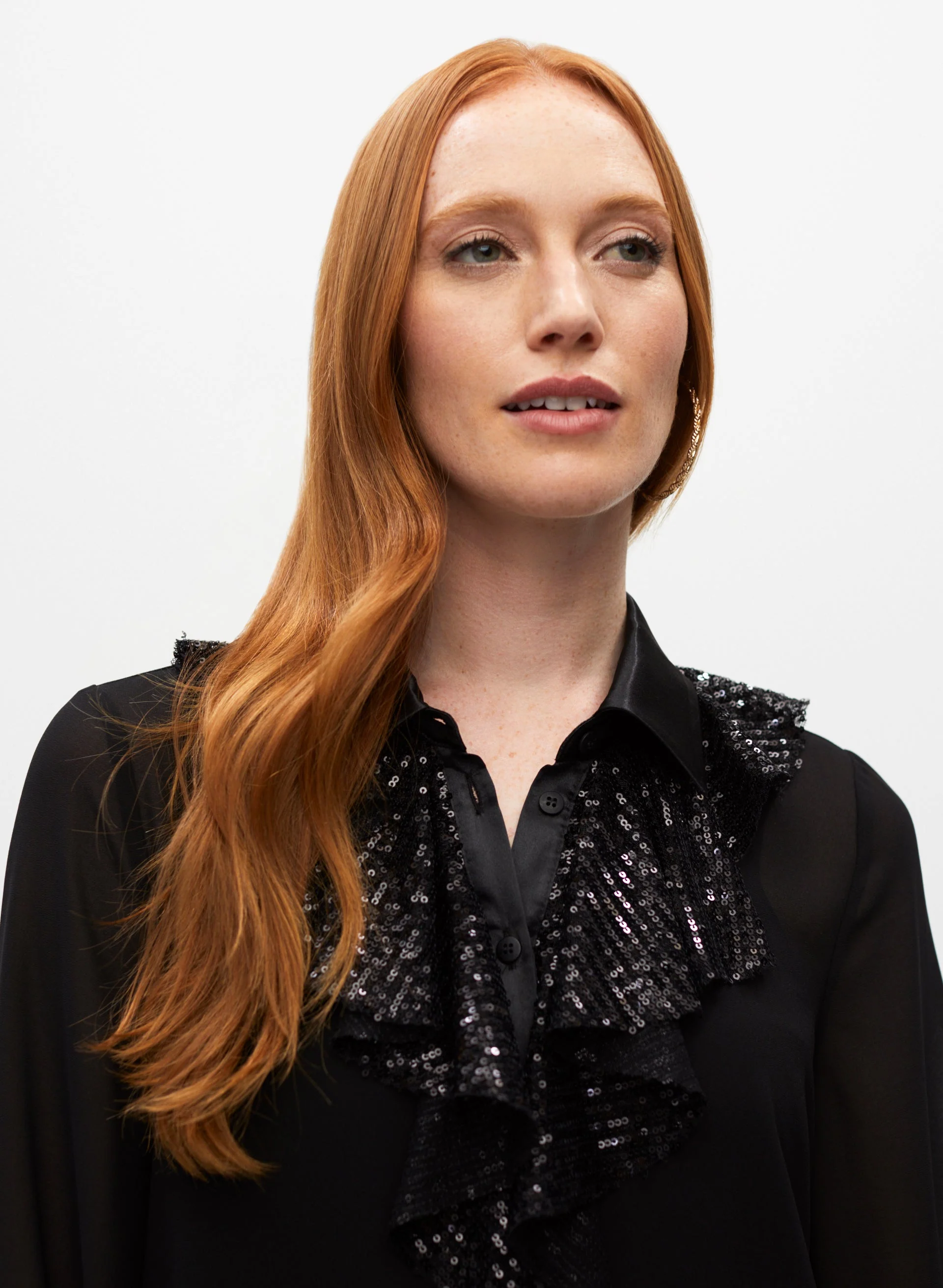 Sequin Ruffle Button-Up Blouse