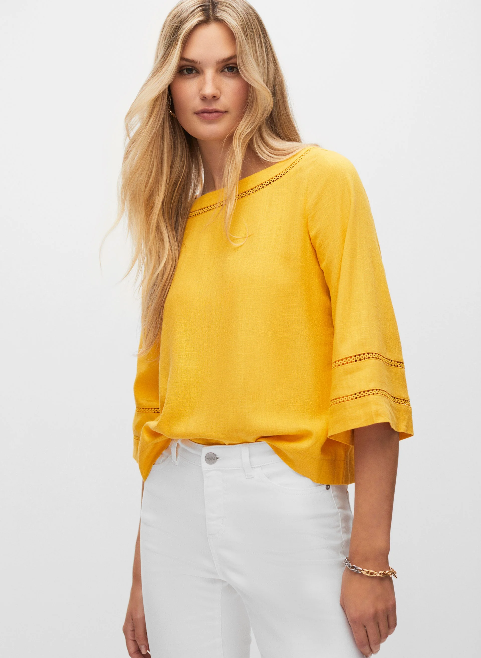 Linen Blend Eyelet Trim Blouse