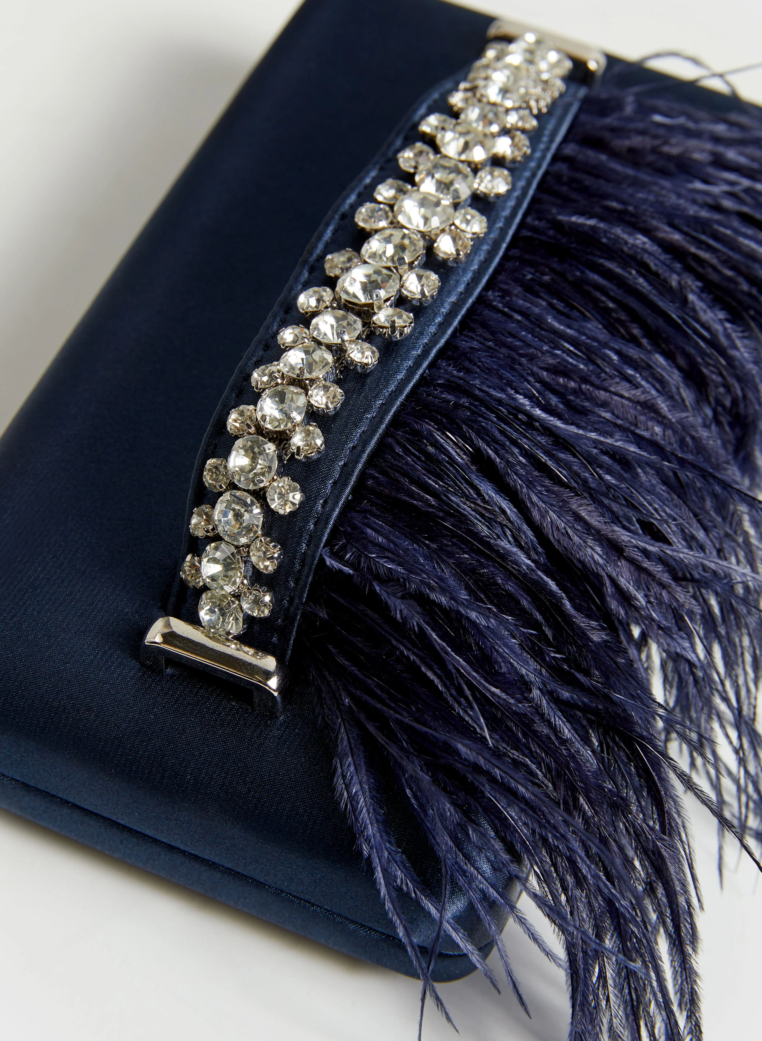 Feather & Crystal Detail Satin Clutch