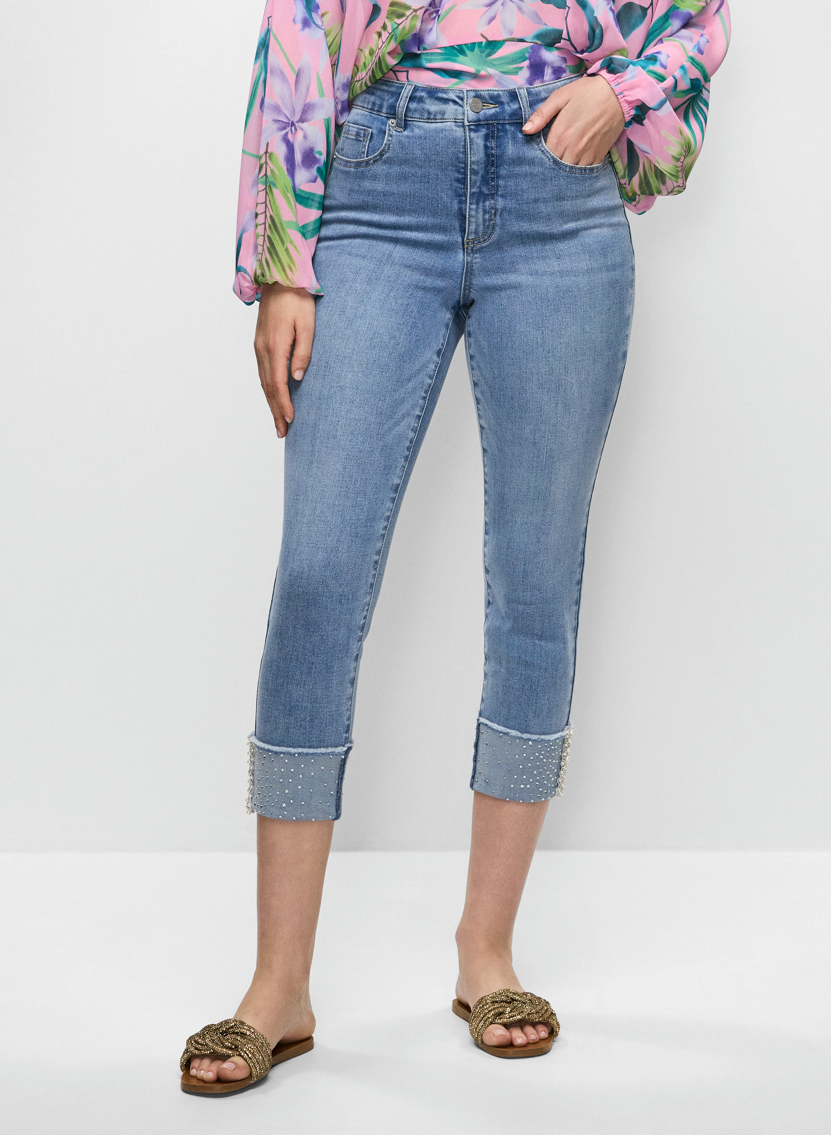 Sequin-Cuffed Capri Jeans