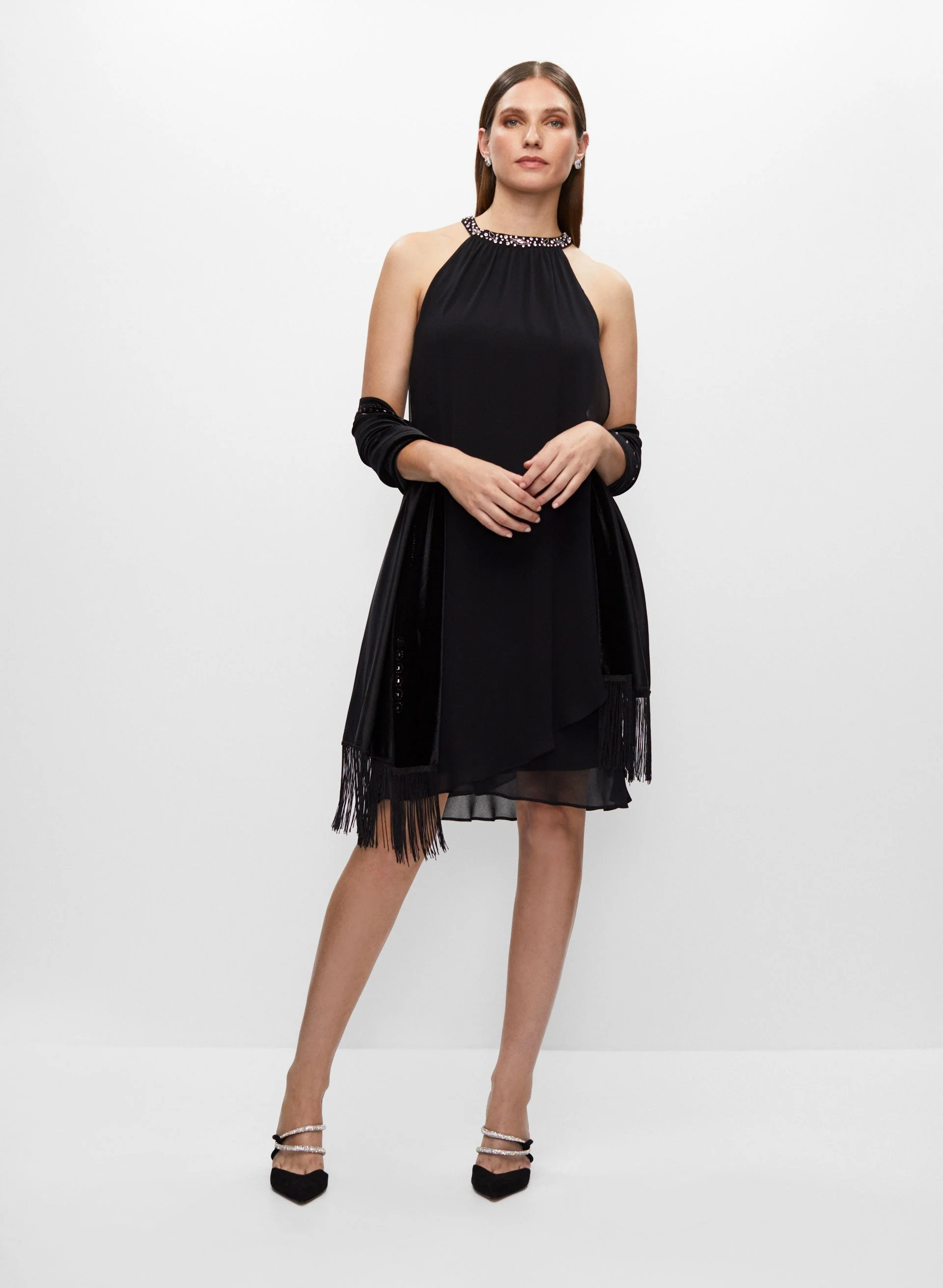 Stone & Fringe Detail Velvet Wrap