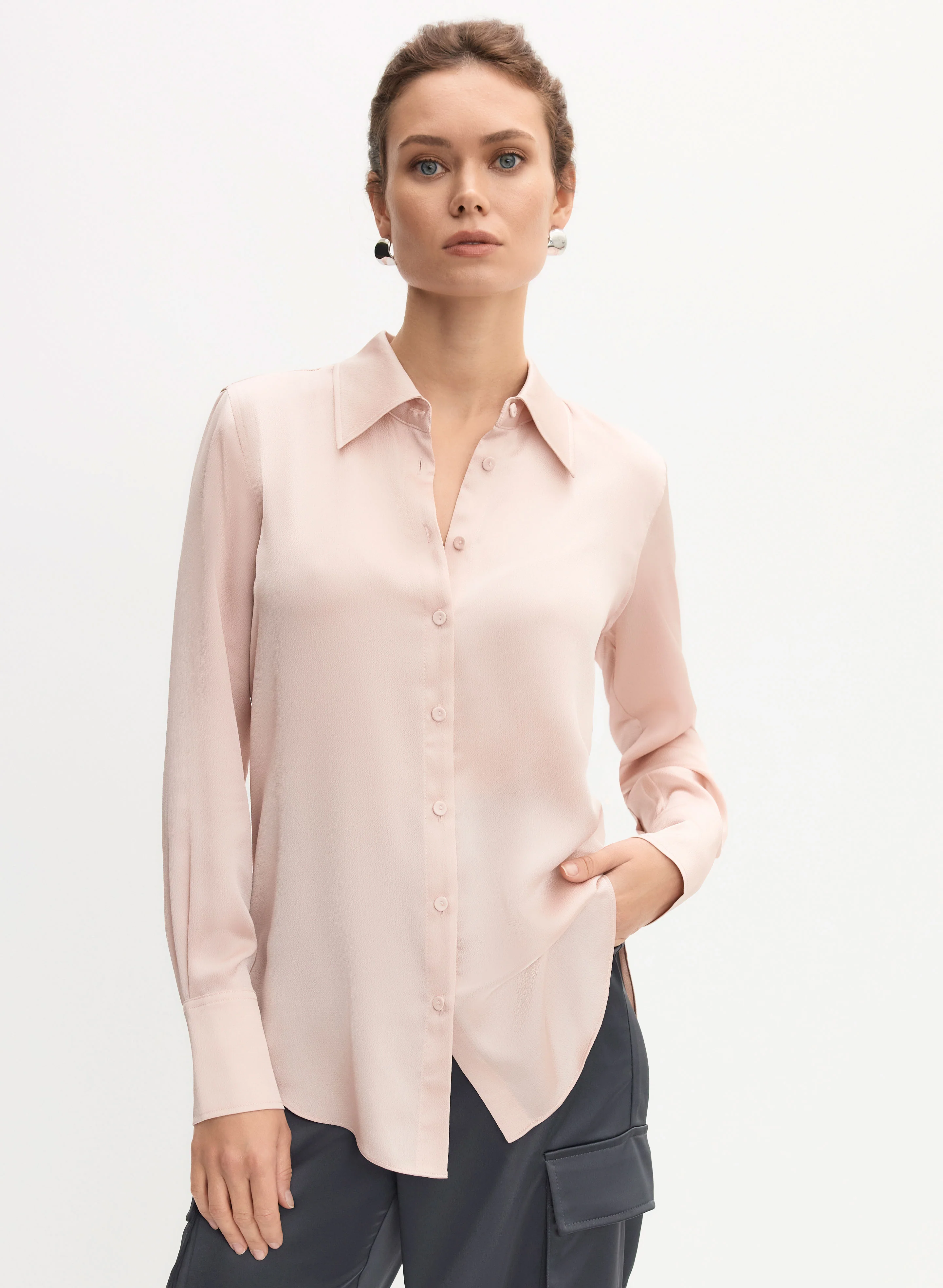 Button-Front Satin Blouse