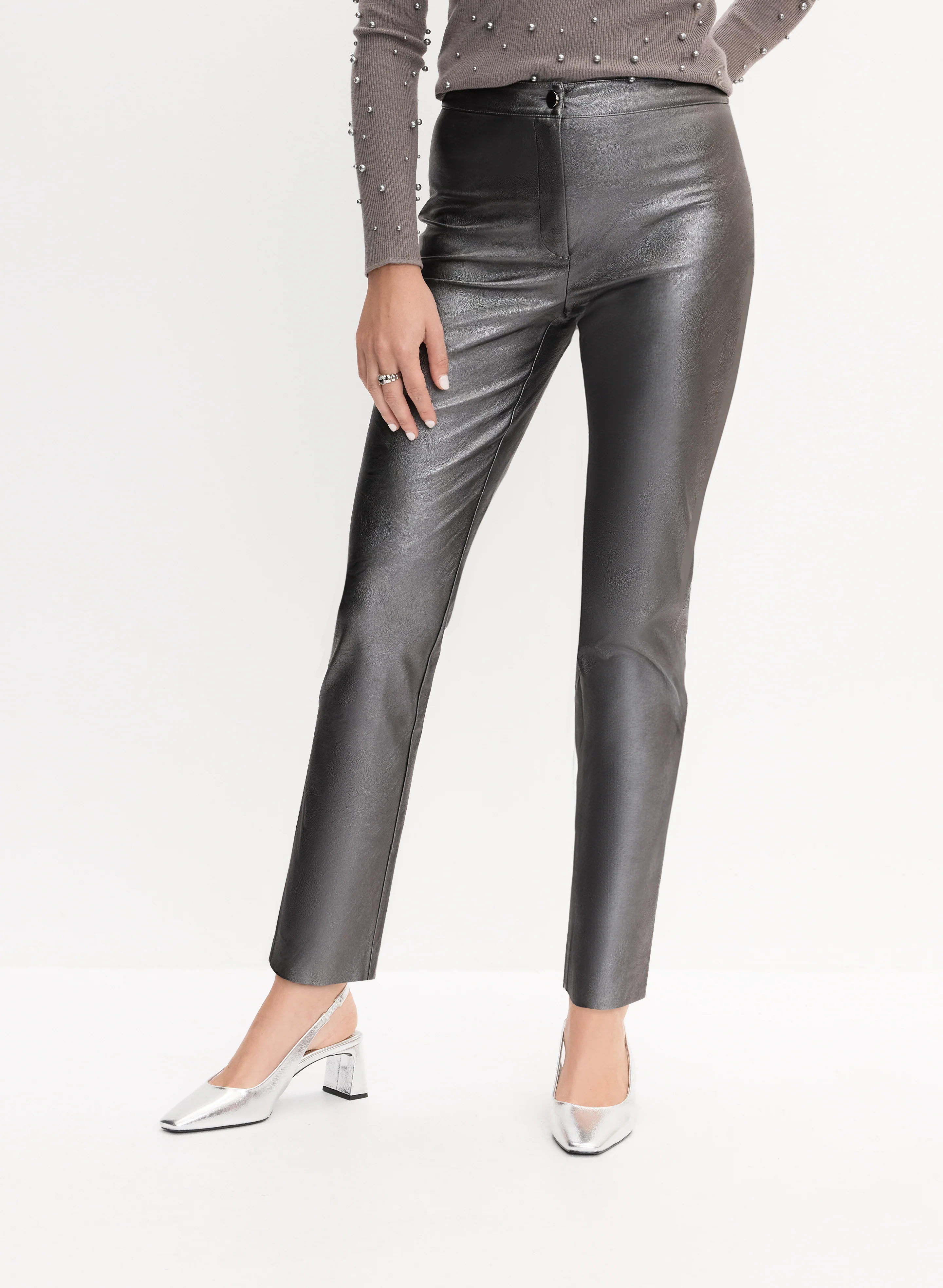 Metallic Vegan Leather Straight-Leg Pants