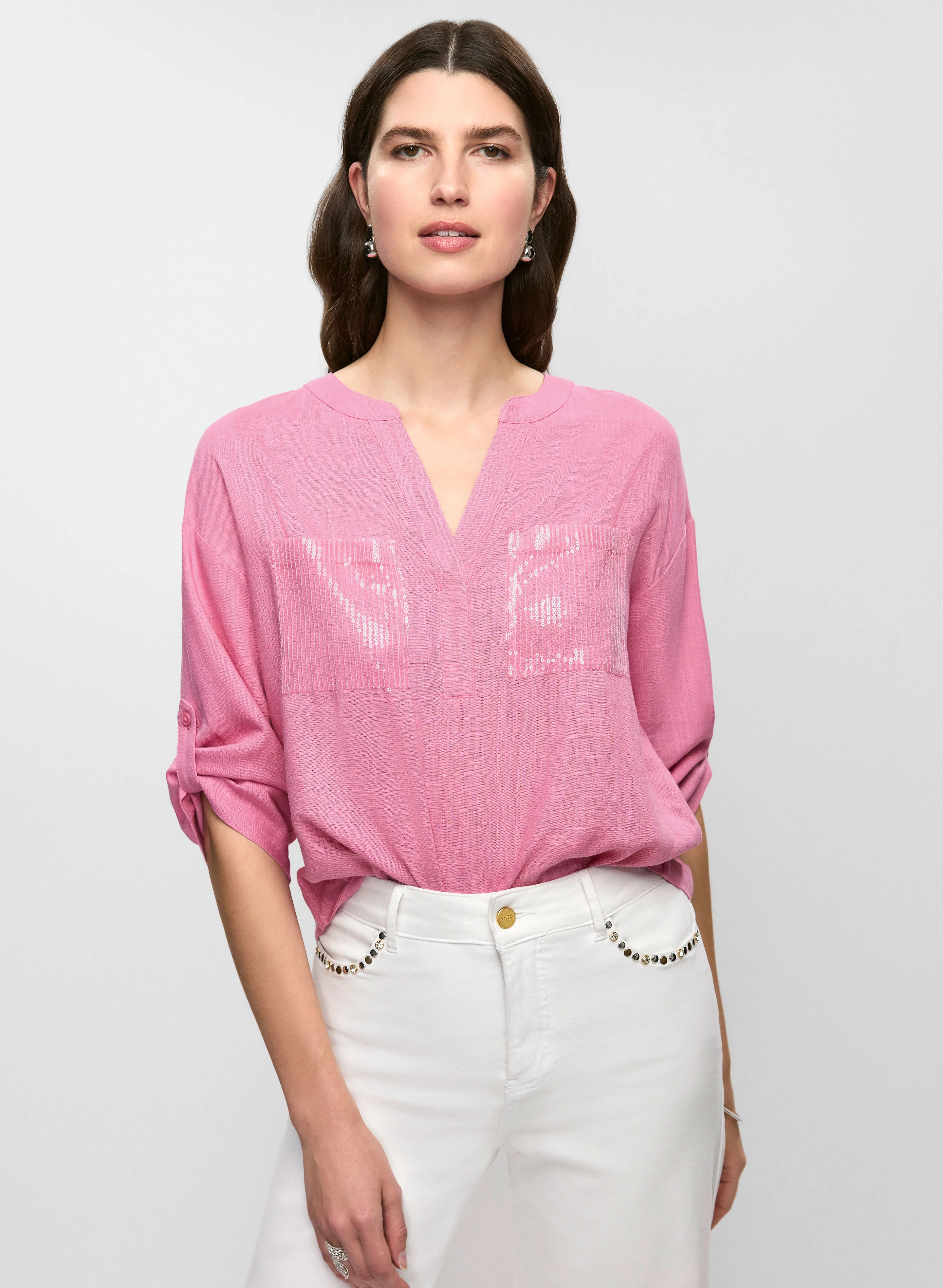 Sequin Pockets Linen Blouse