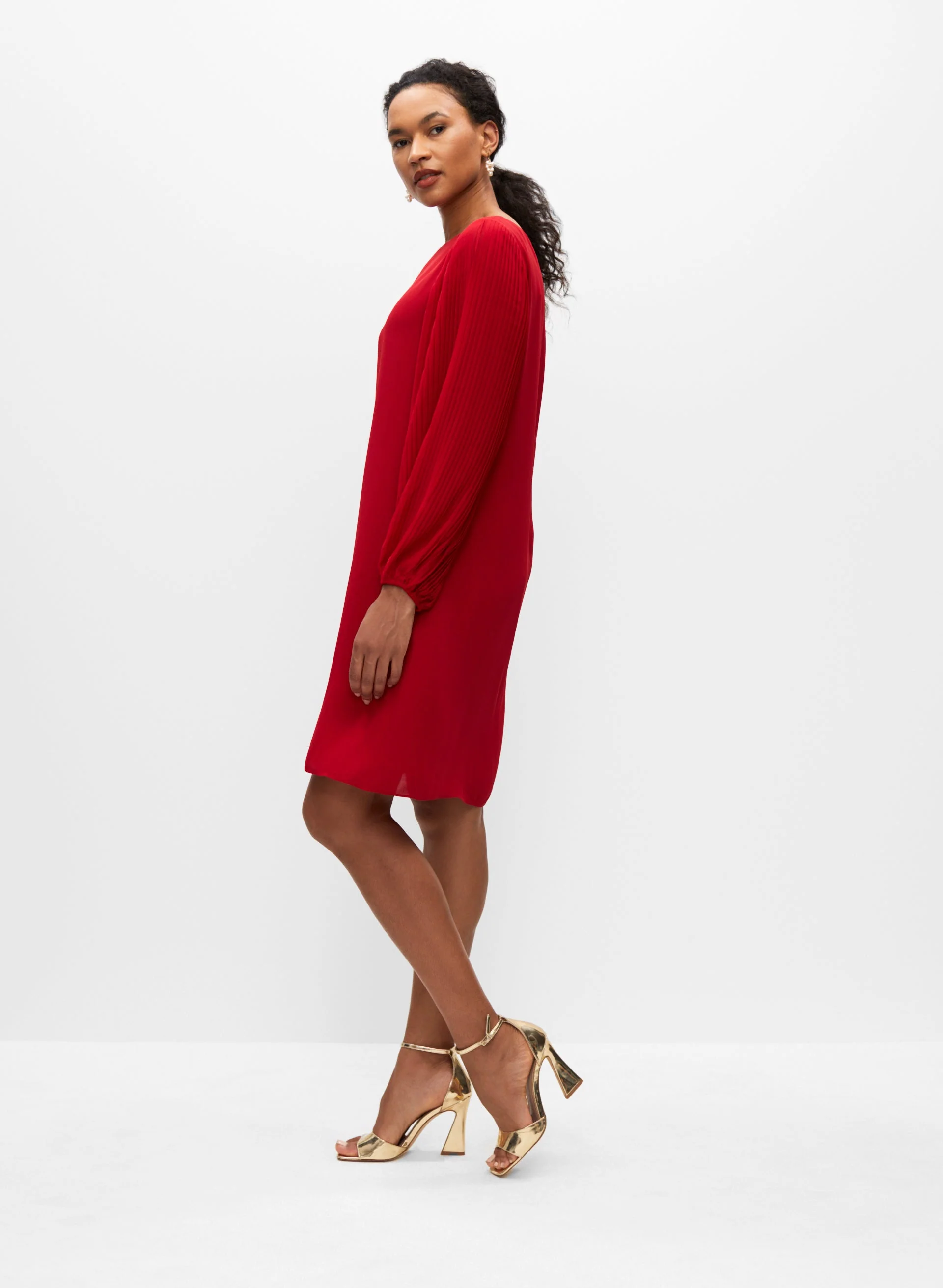 Pleated Balloon Sleeve Chiffon Dress