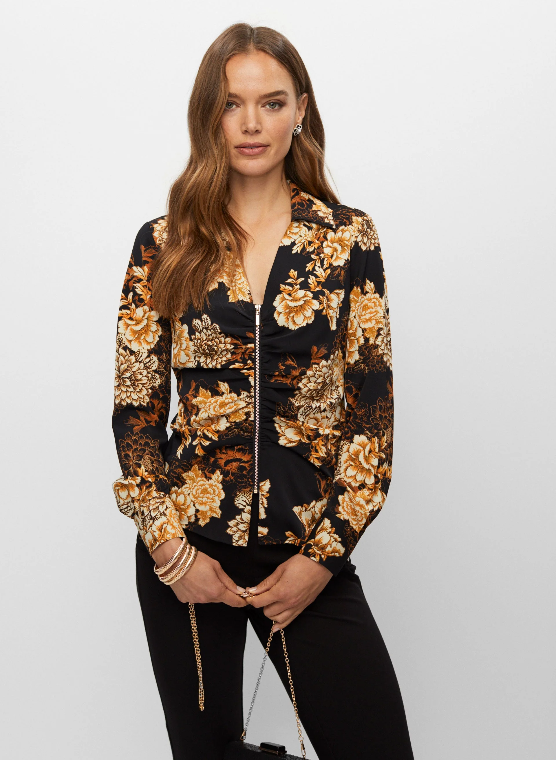 Floral Motif Zip Front Blouse