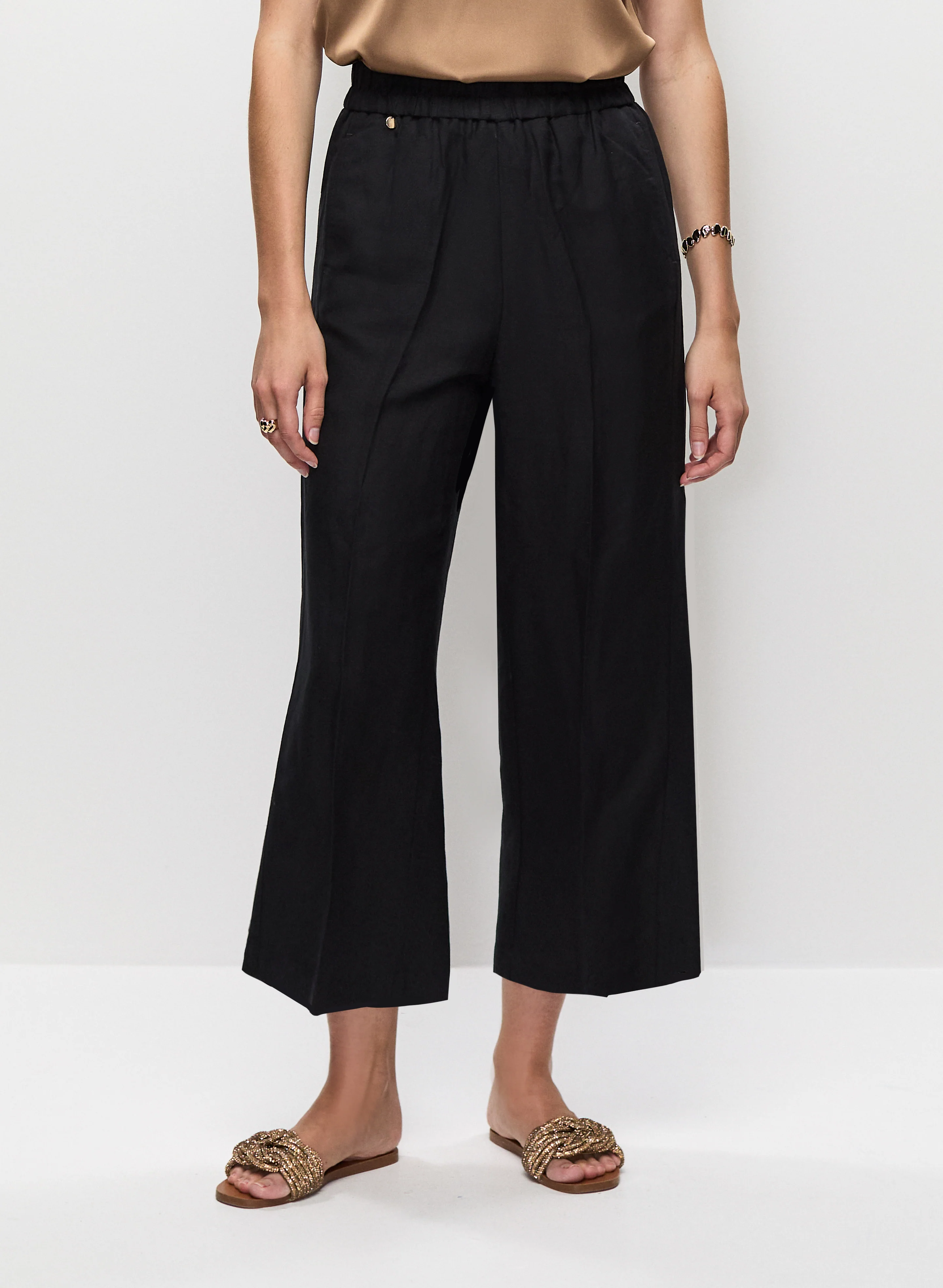 Pull-On Linen-Blend Culotte Pants