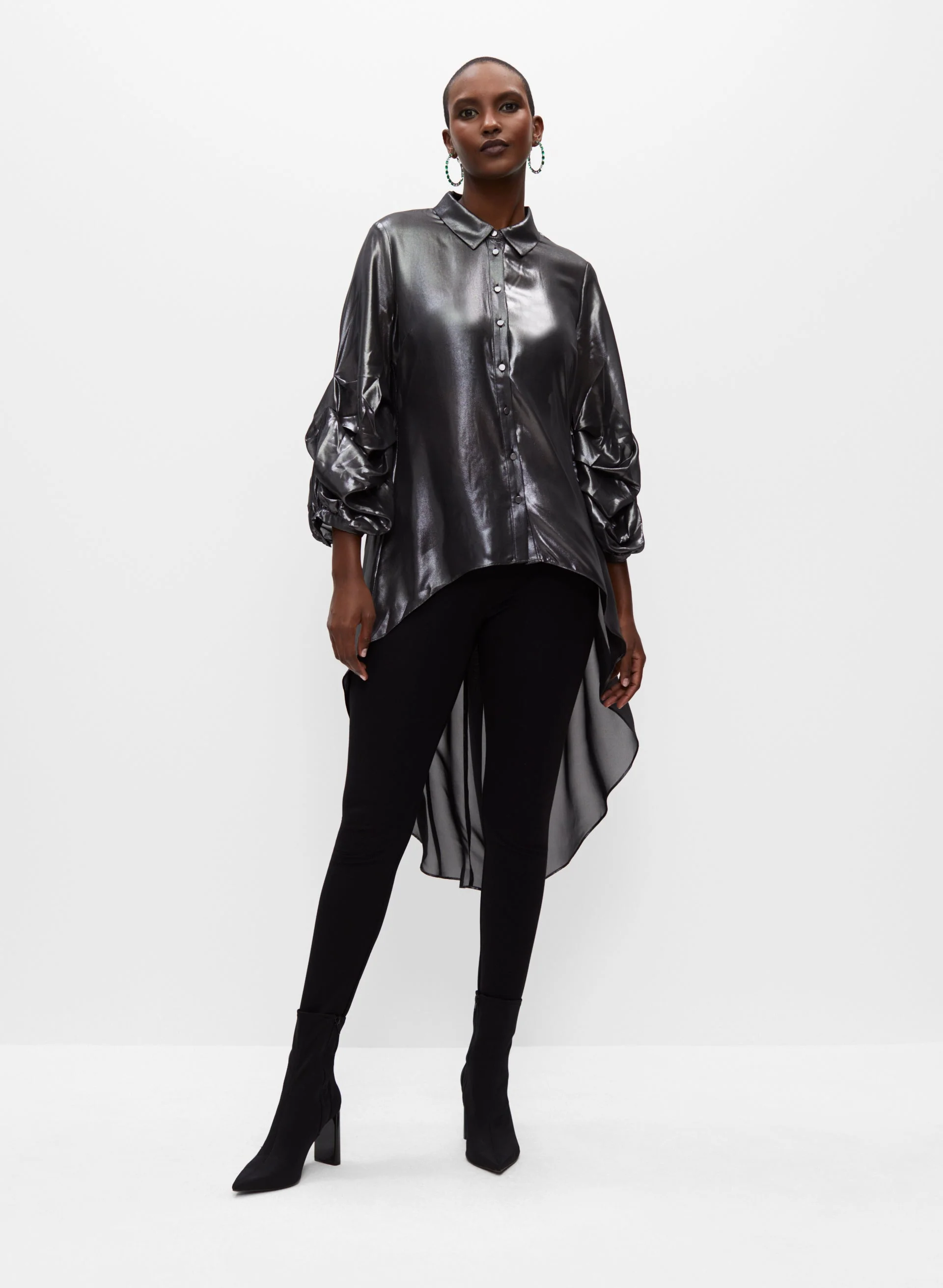 Metallic Asymmetric Button-Up Tunic