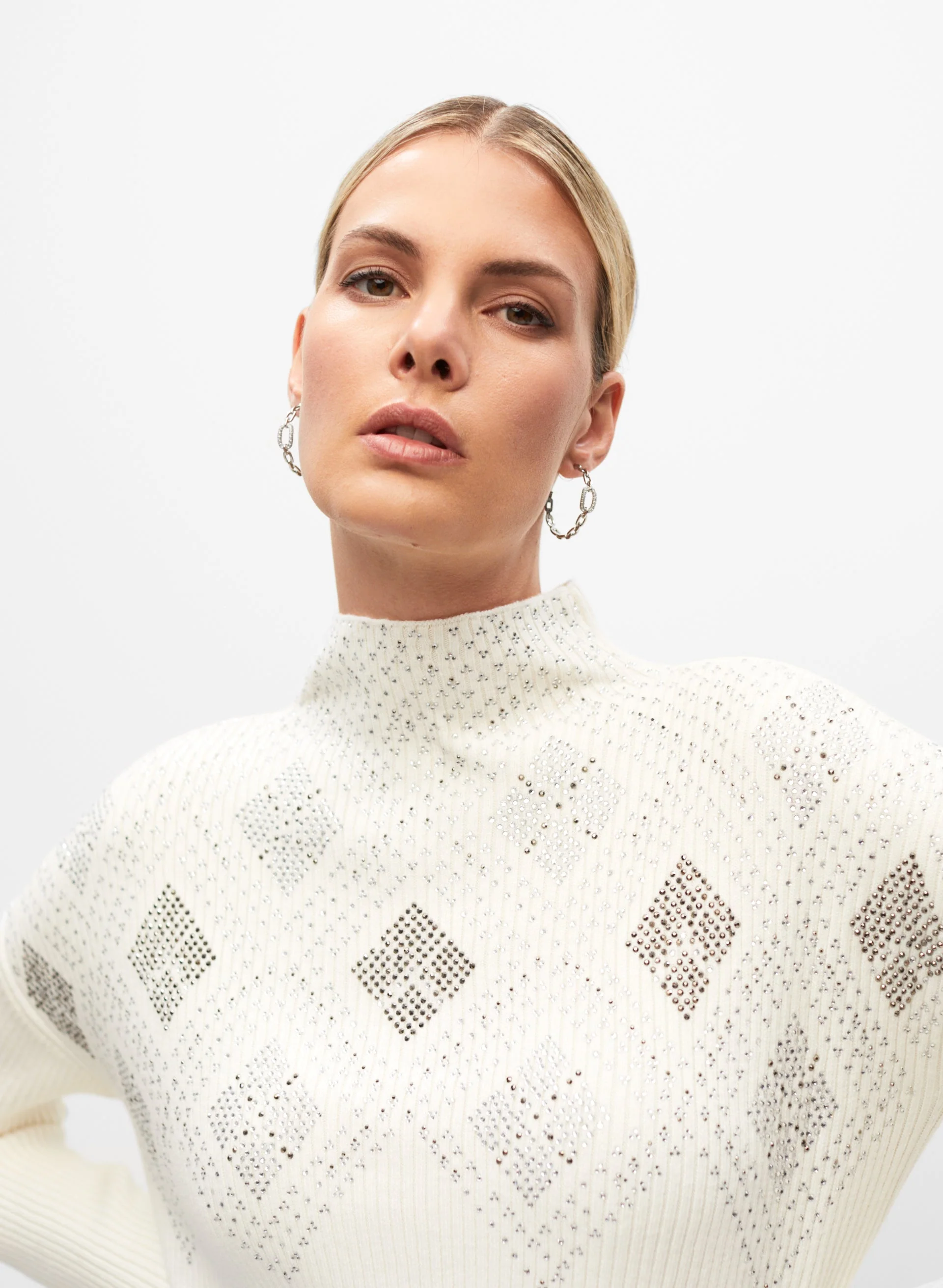 Stone Detail Funnel Neck Sweater