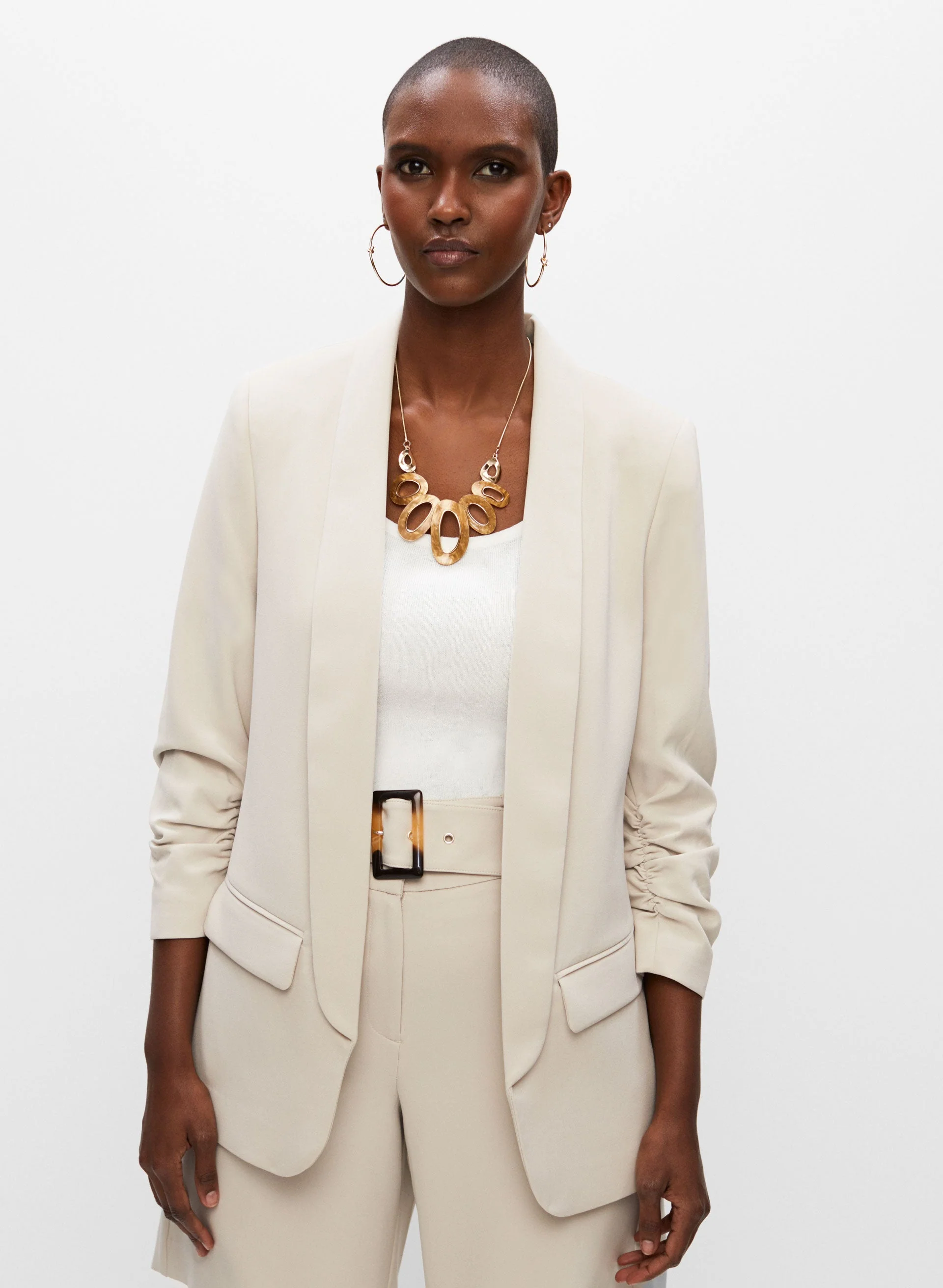 Gathered Sleeve Shawl Collar Blazer