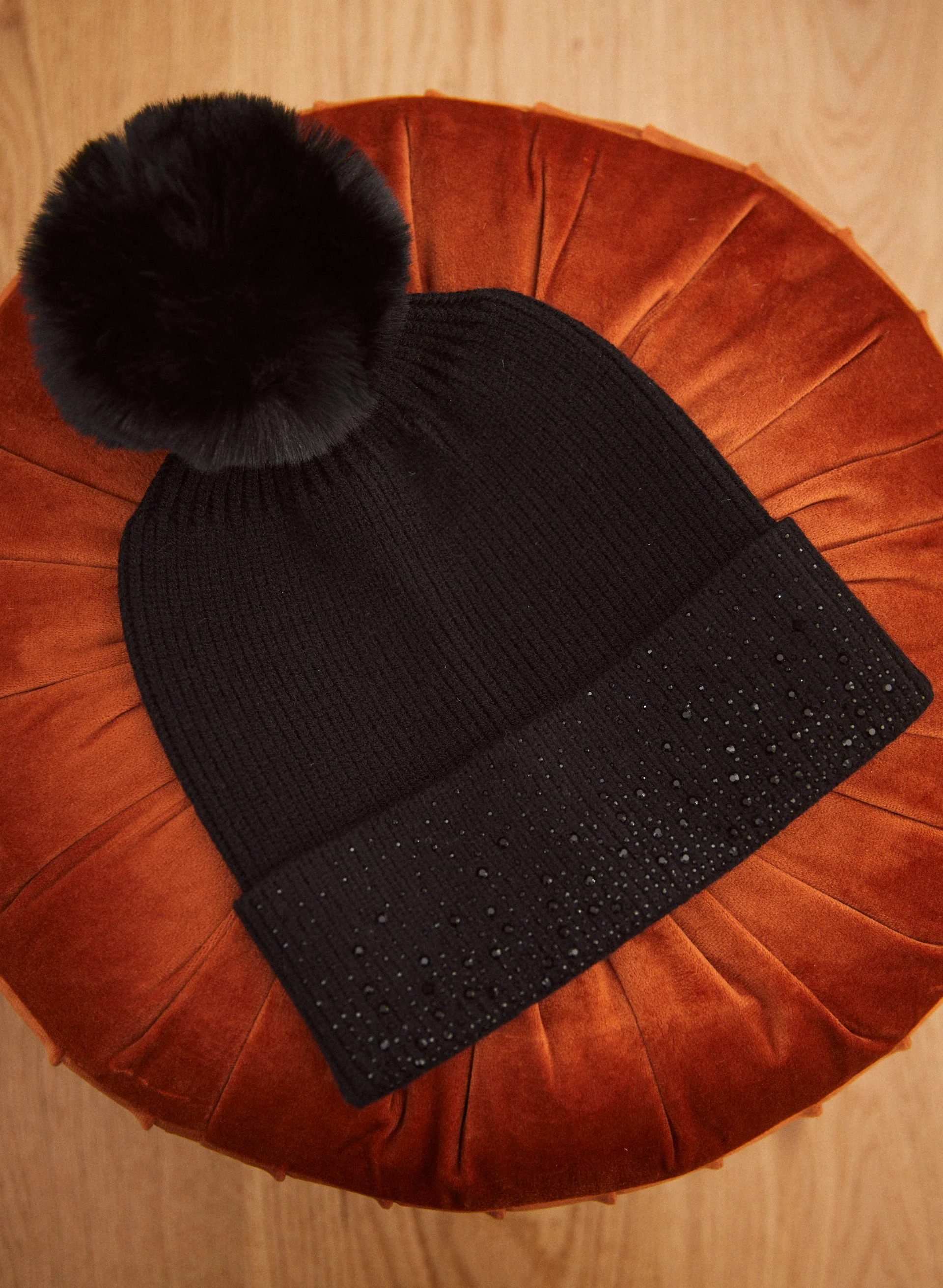 Rhinestone & Pom Pom Detail Hat
