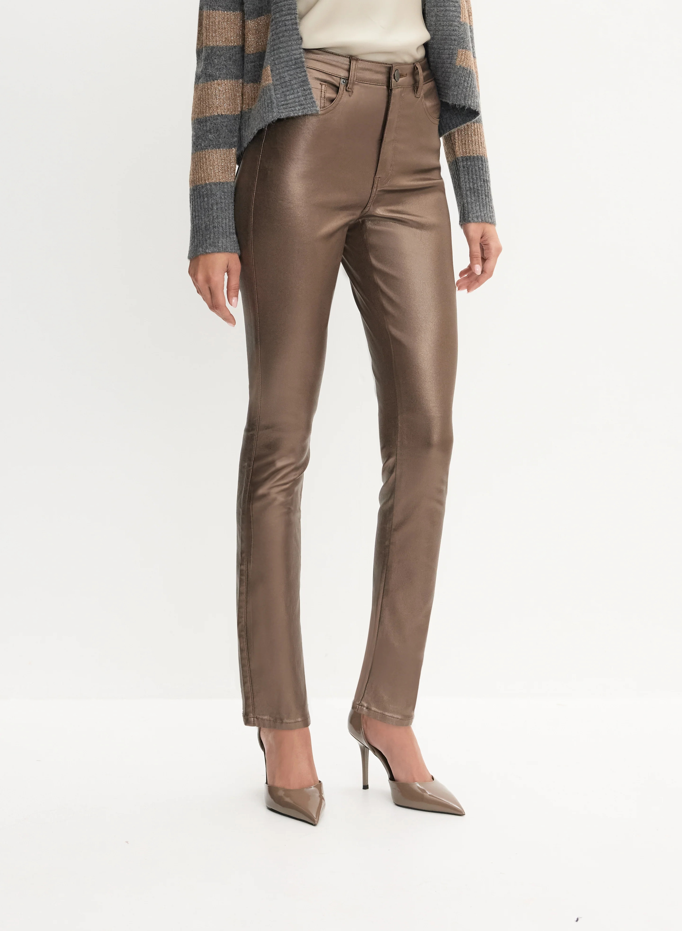Coated Metallic Slim-Leg Pants