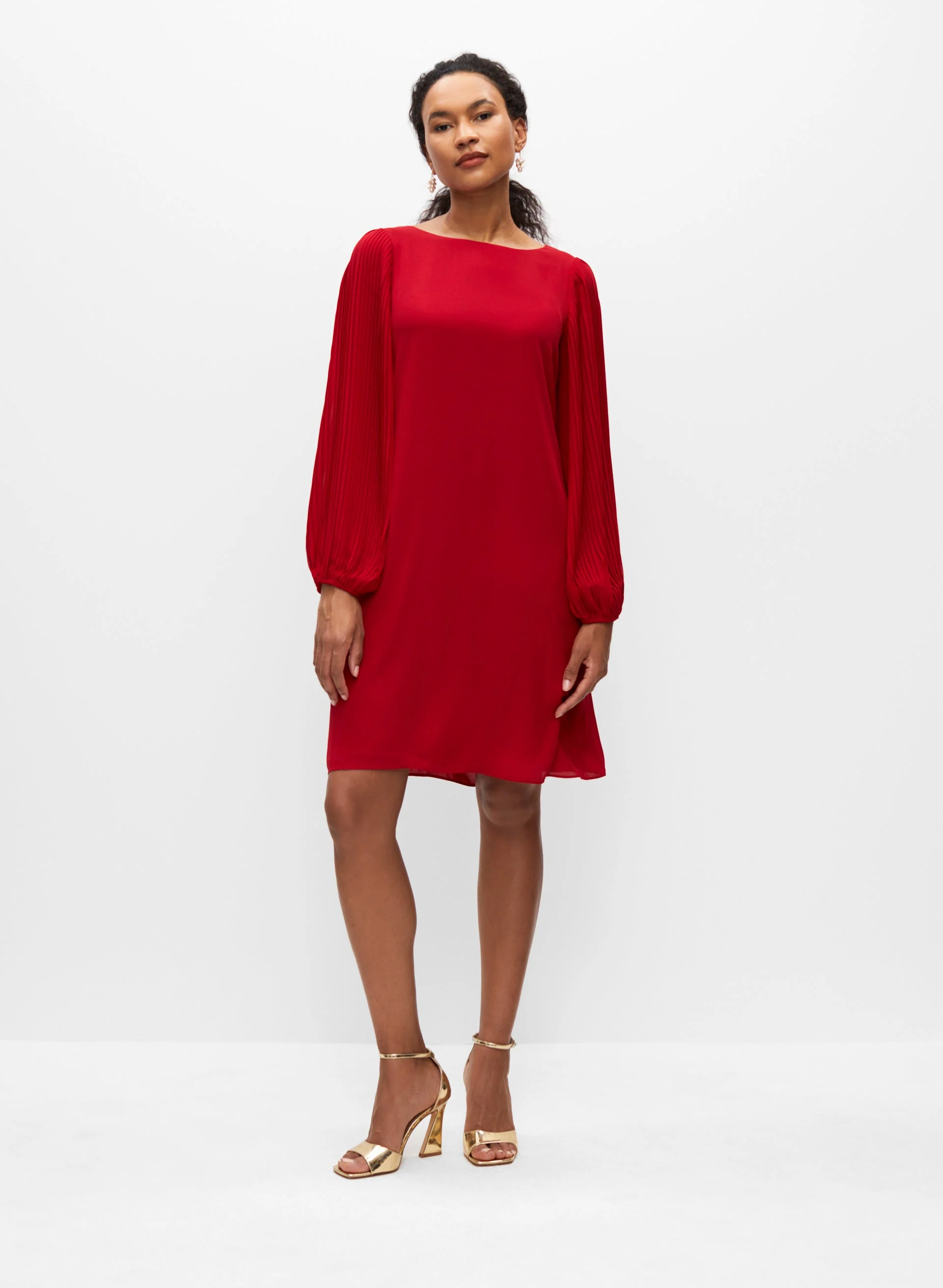 Pleated Balloon Sleeve Chiffon Dress