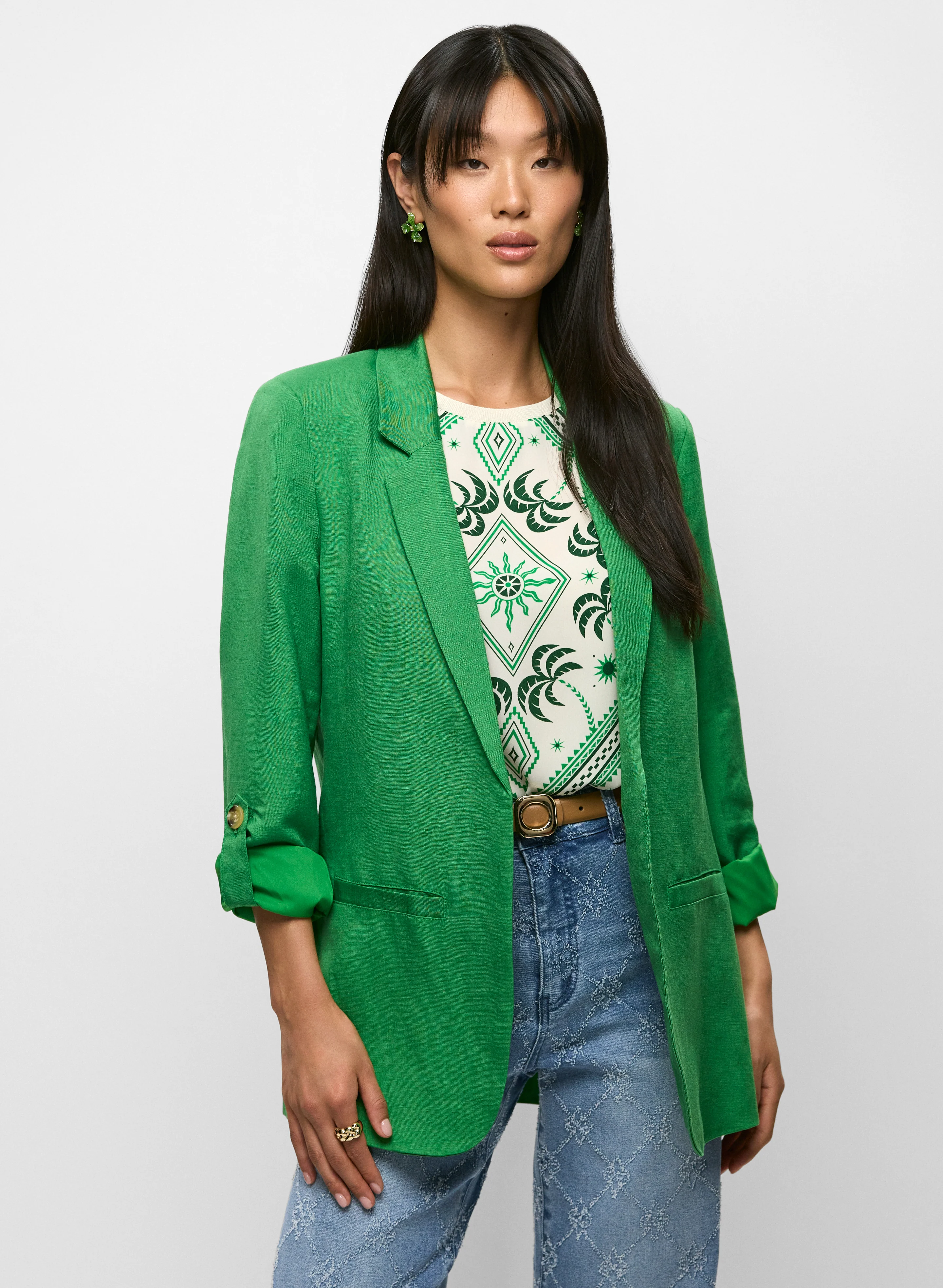 Rolled Sleeve Linen-Blend Blazer